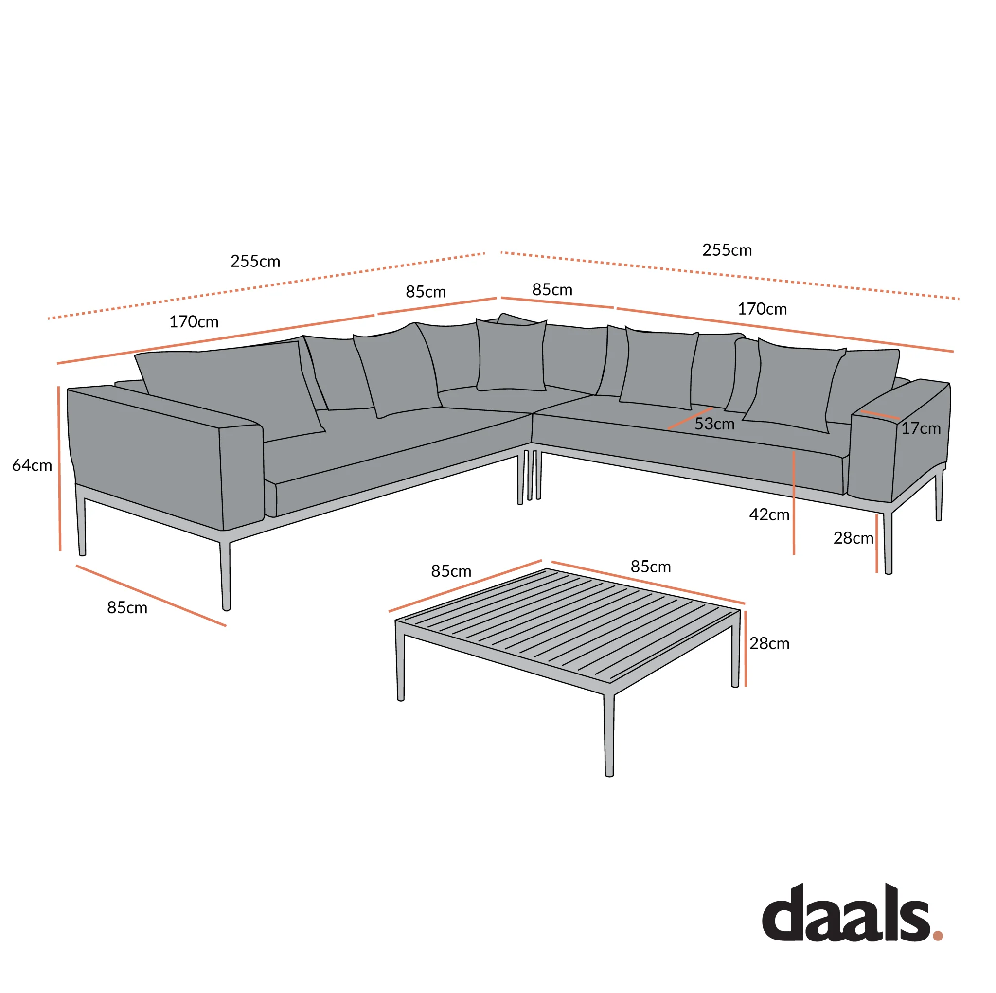 Calabasas Large Outdoor Fabric Aluminium Frame Corner Sofa Set with Coffee Table, Light Grey - Image 5