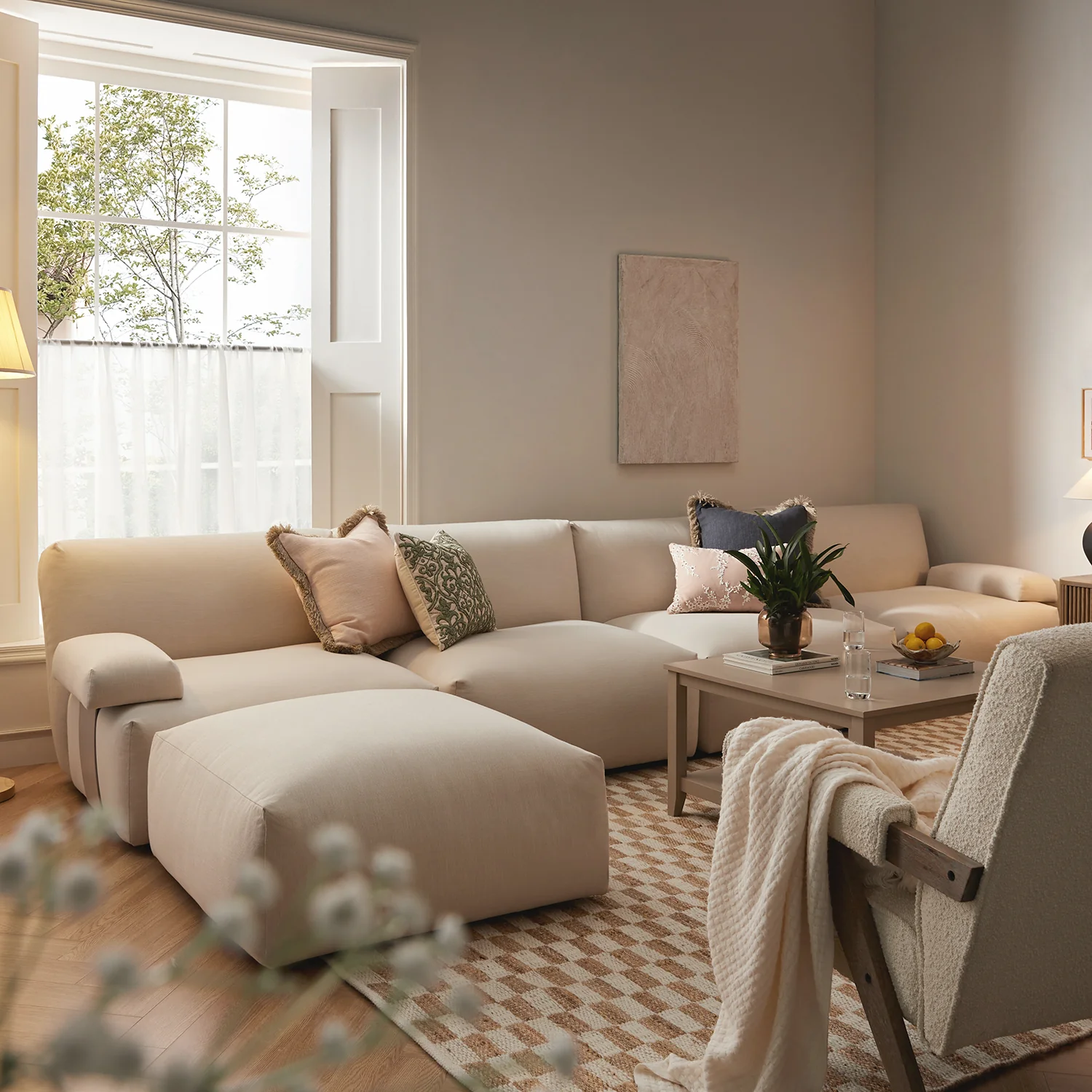 Carlyle Beige Cotton Blend Modular Sofa, 4-Piece Chaise - Image 3