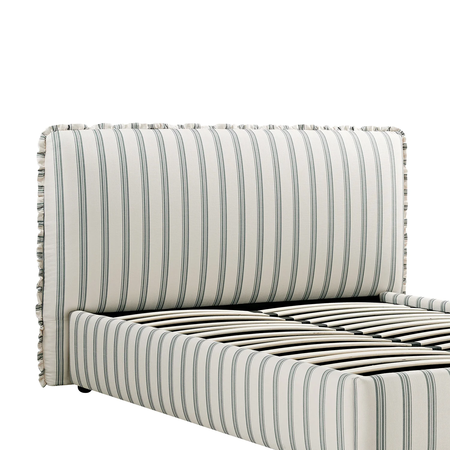 Celeste Upholstered Storage Bed with Ruffled Headboard, Laurel Green Stripe - Image 18