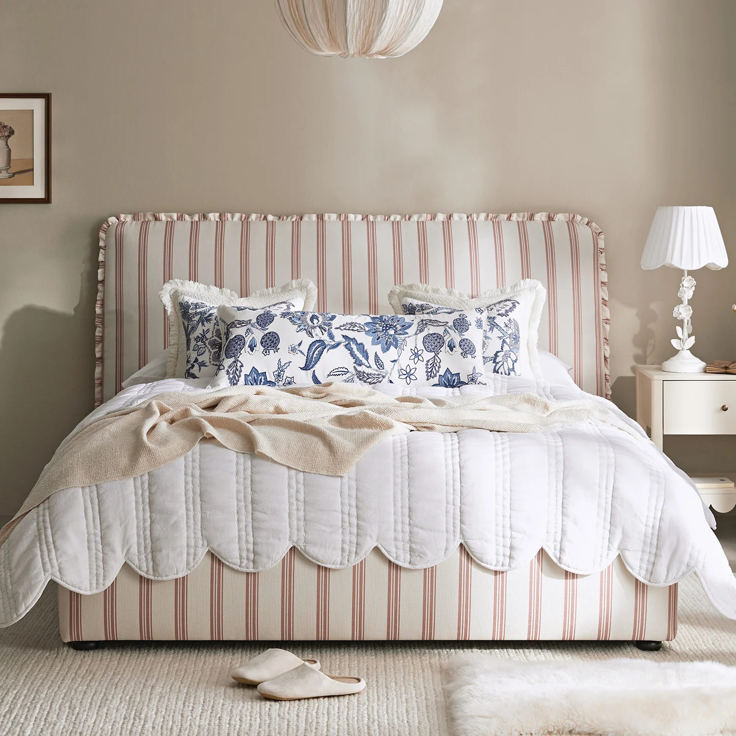 Celeste Upholstered Storage Bed with Ruffled Headboard, Peony Red Stripe - Image 2