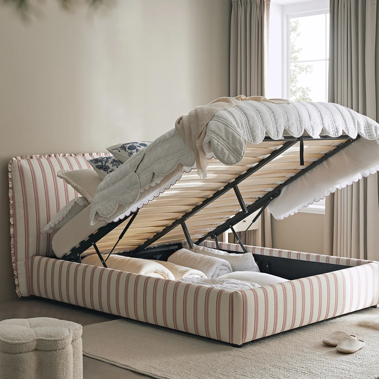 Celeste Upholstered Storage Bed with Ruffled Headboard, Peony Red Stripe - Image 4