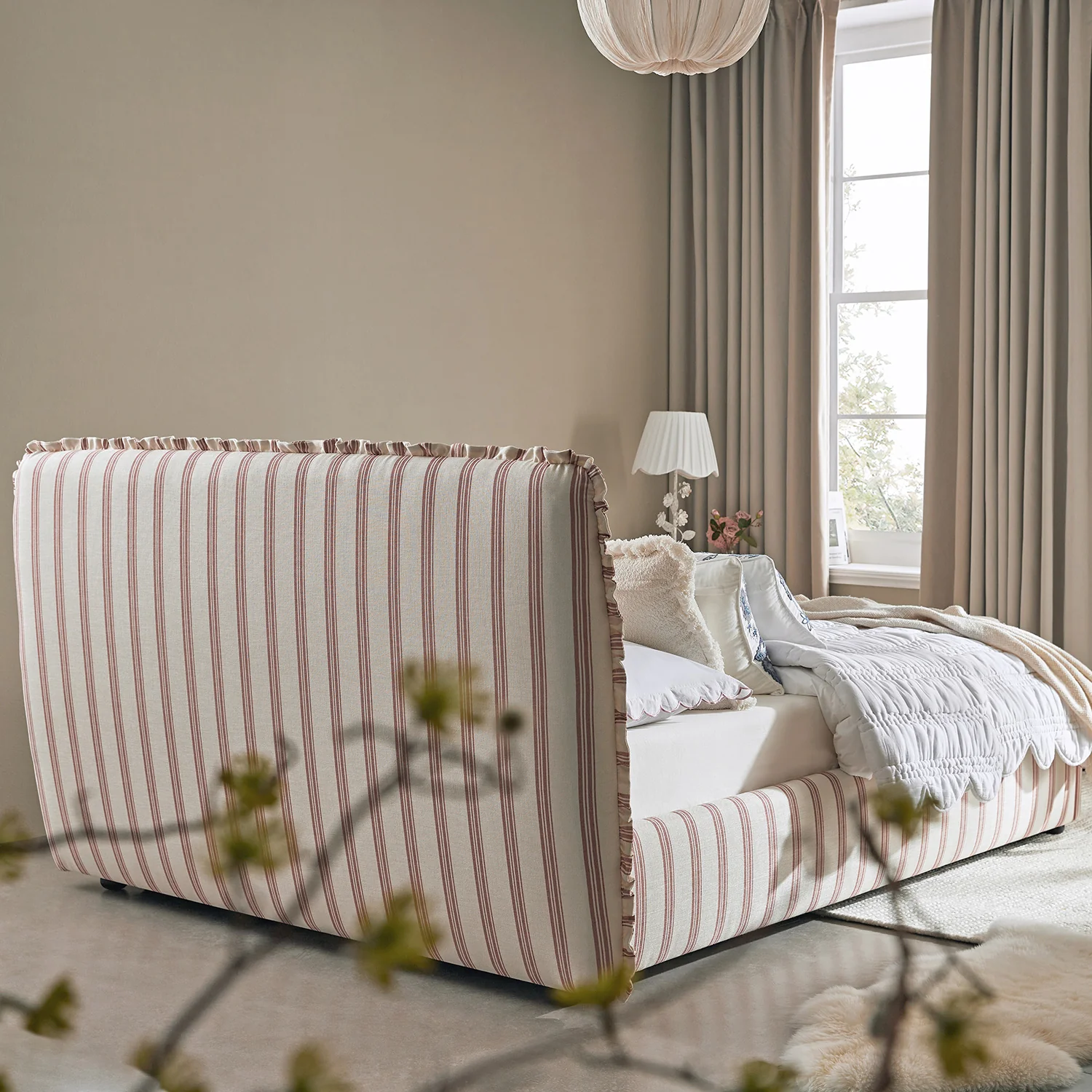 Celeste Upholstered Storage Bed with Ruffled Headboard, Peony Red Stripe - Image 6