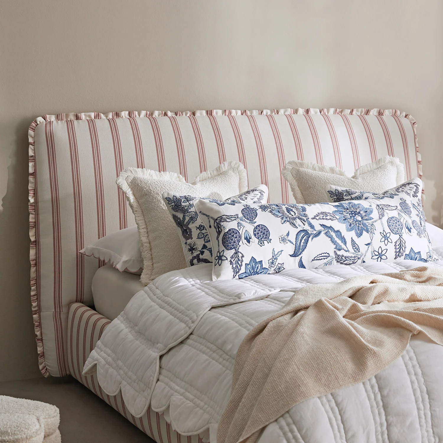 Celeste Upholstered Storage Bed with Ruffled Headboard, Peony Red Stripe - Image 8