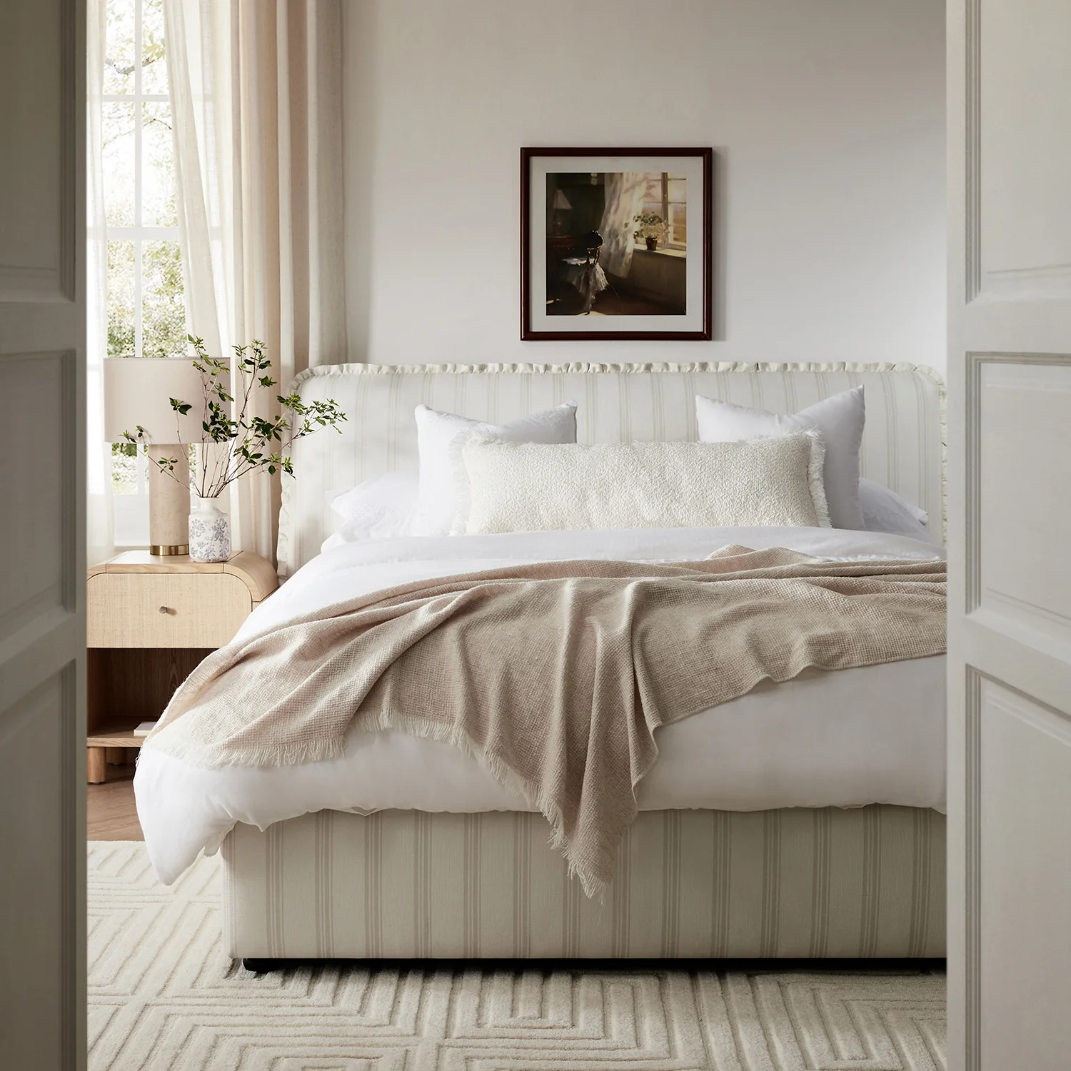 Celeste Upholstered Storage Bed with Ruffled Headboard, Seashell Stripe - Image 2