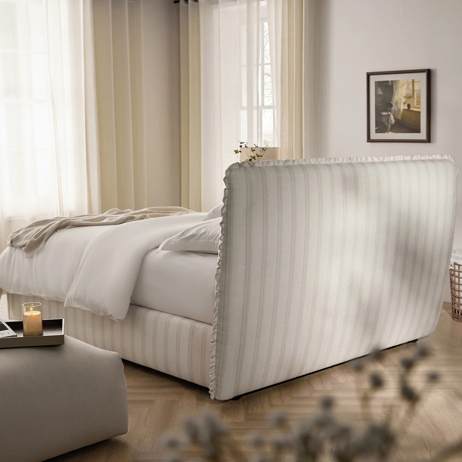 Celeste Upholstered Storage Bed with Ruffled Headboard, Seashell Stripe - Image 4