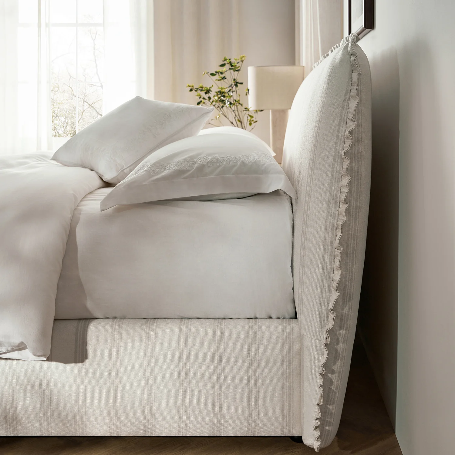 Celeste Upholstered Storage Bed with Ruffled Headboard, Seashell Stripe - Image 7