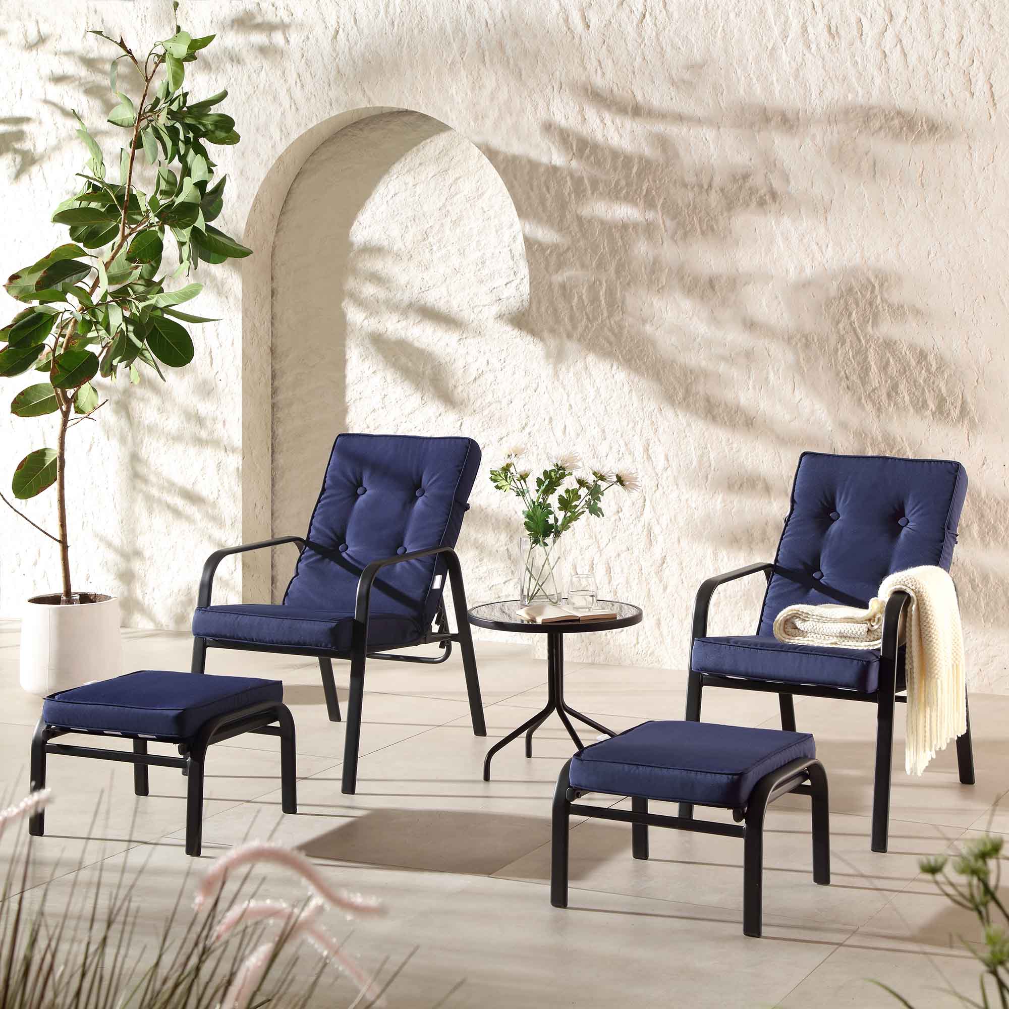Champneys 2-Seater Steel and Fabric Outdoor Reclining Bistro Set with Stool, Blue - Image 4