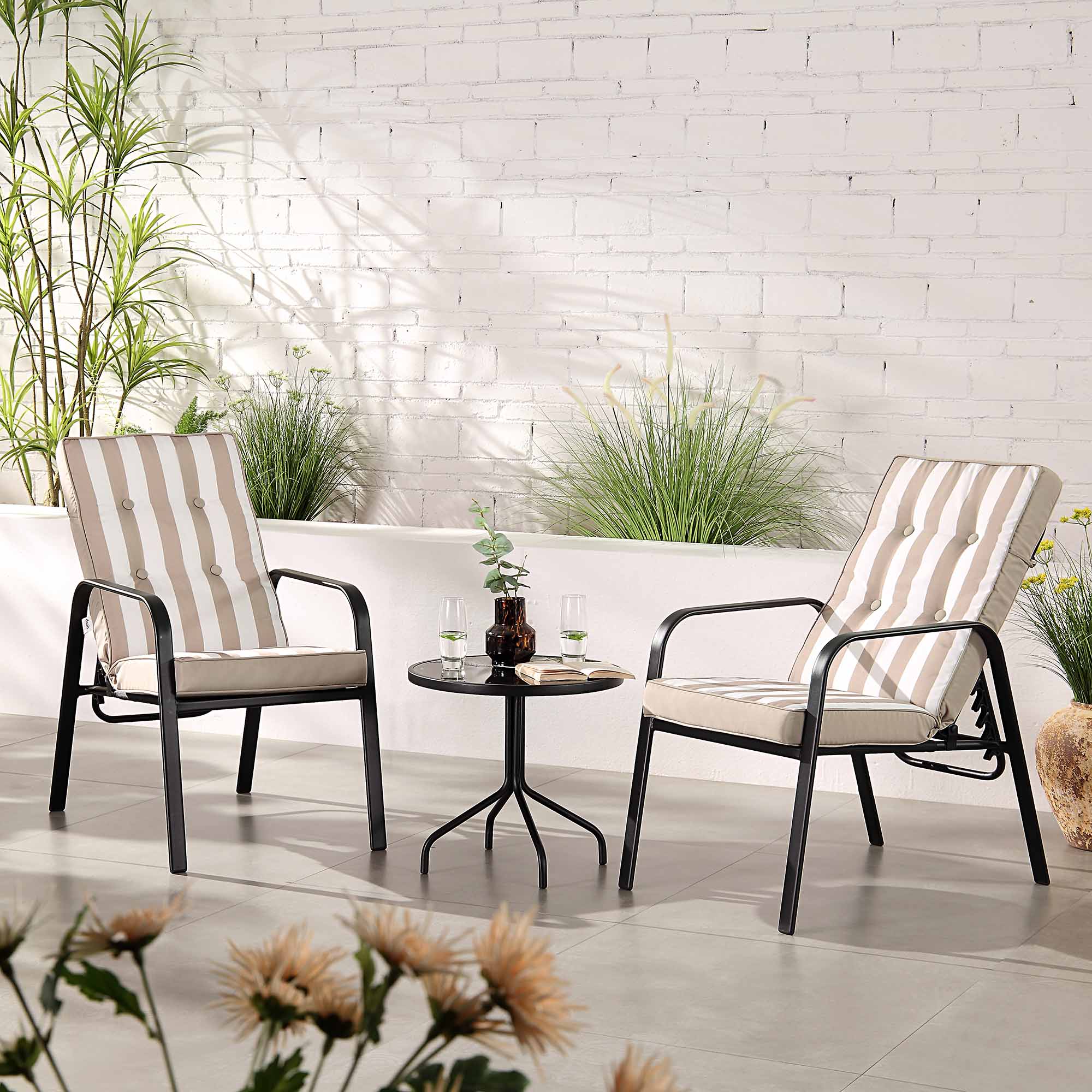 Champneys 2-Seater Steel and Fabric Outdoor Reclining Bistro Set with Stool, Taupe - Image 4