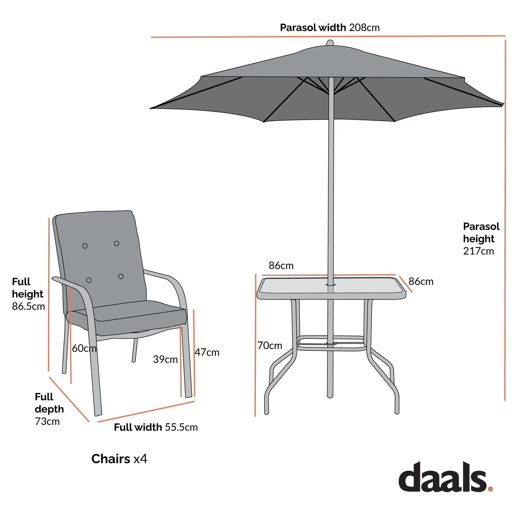 Champneys 4-Seater Steel and Fabric Outdoor Patio Dining Set with Parasol, Navy Blue - Image 6