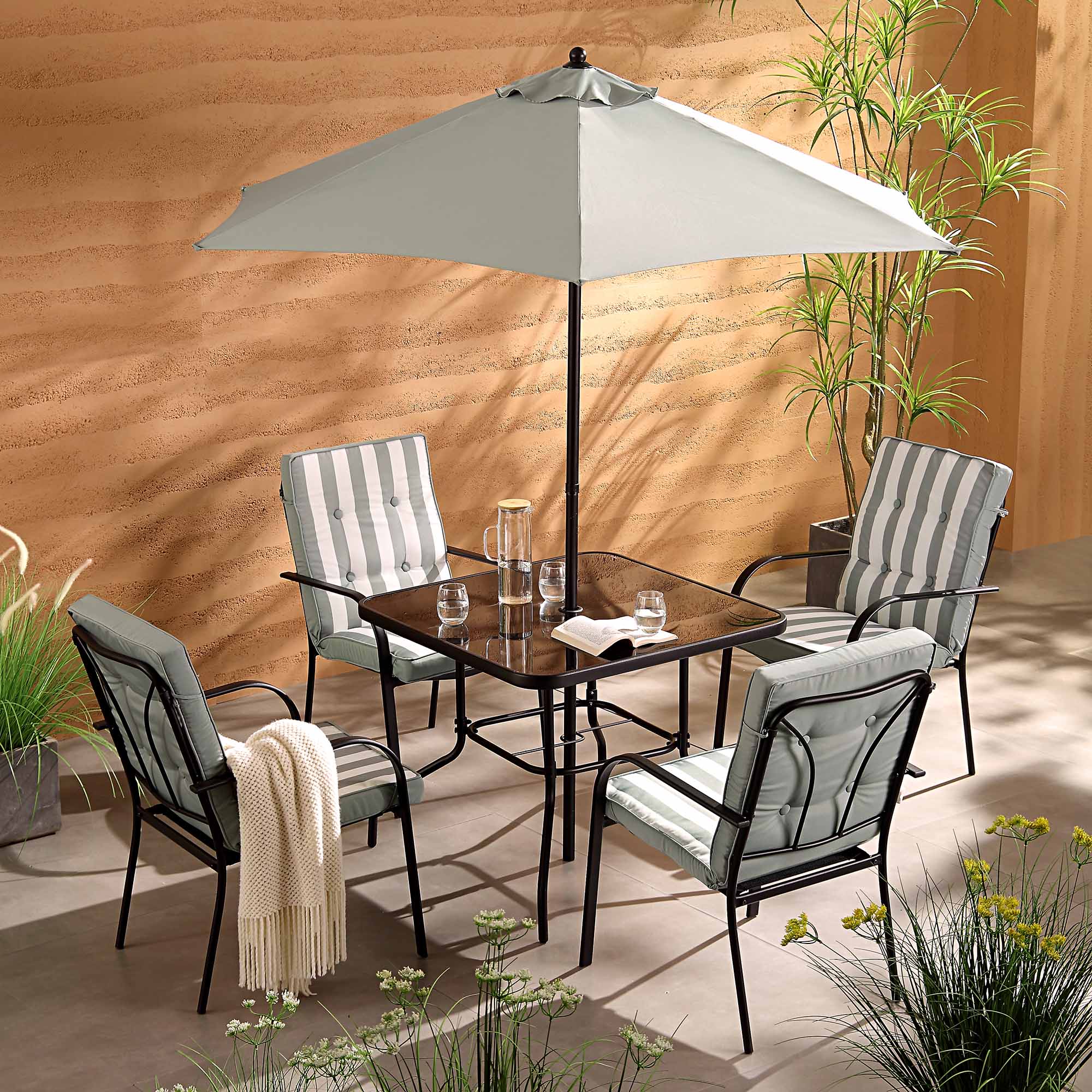 Champneys 4-Seater Steel and Fabric Outdoor Patio Dining Set with Parasol, Sage Green - Image 3