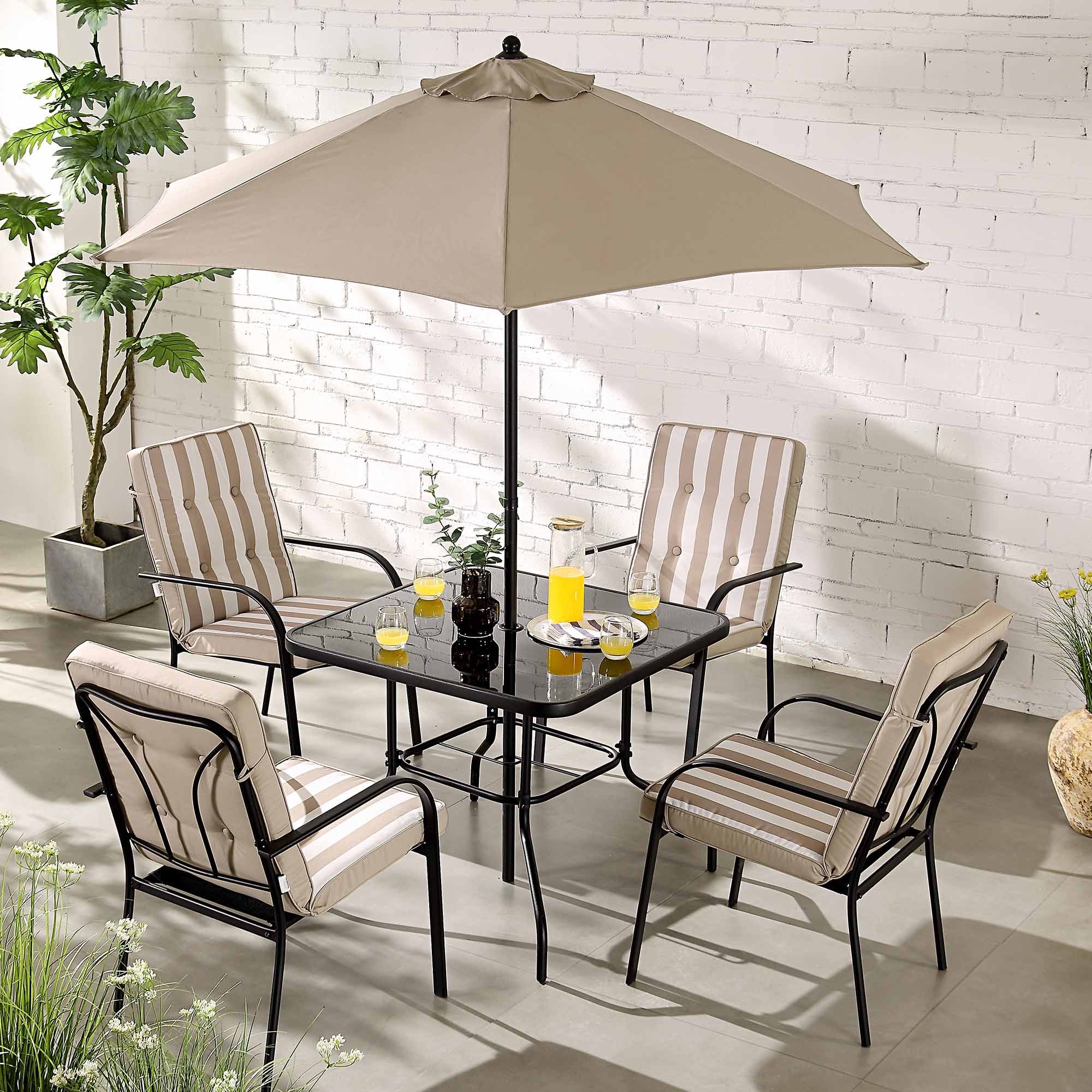 Champneys 4 Seater Steel and Fabric Outdoor Patio Dining Set with Parasol, Taupe - Image 3