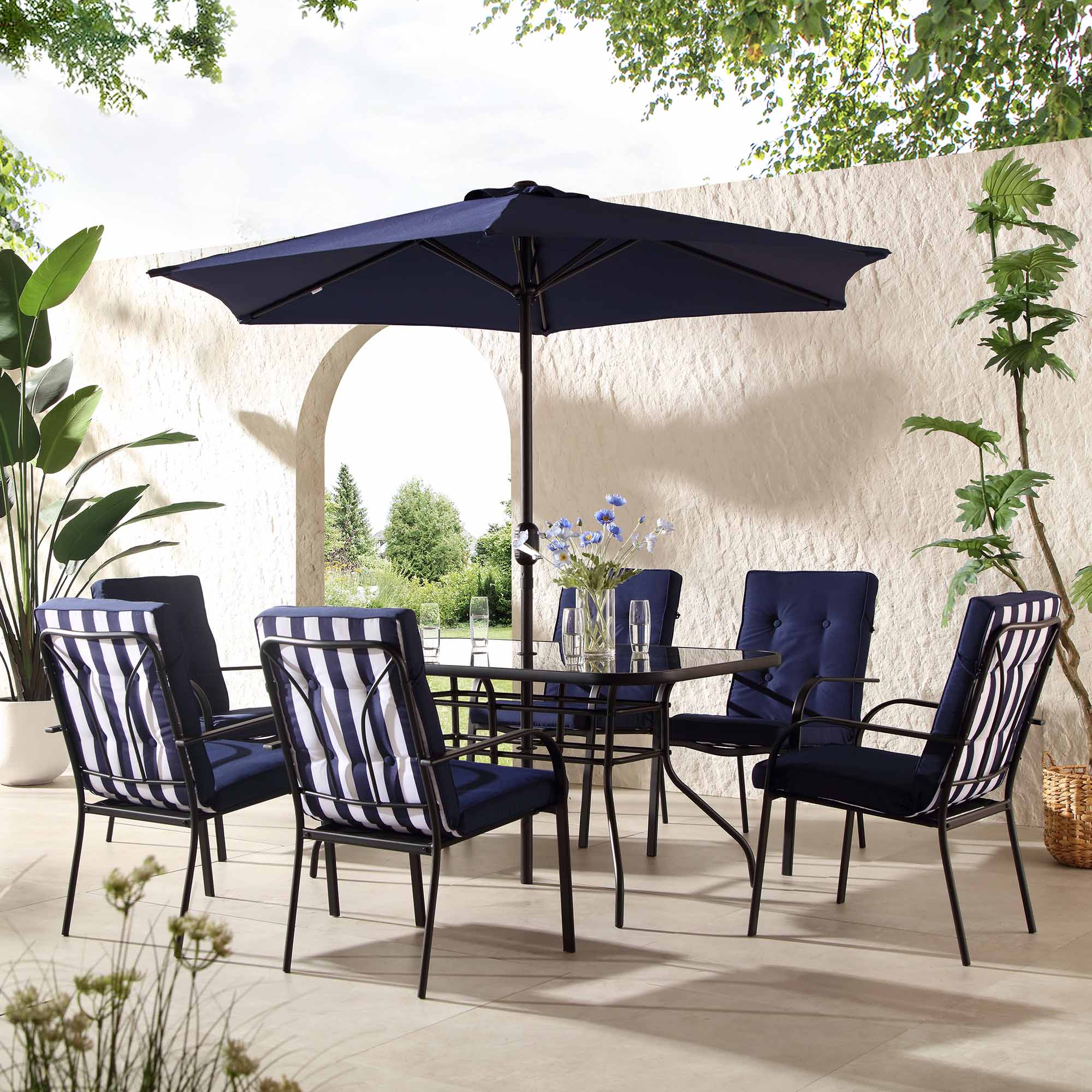 Champneys 6-Seater Steel and Fabric Outdoor Patio Dining Set with Crank Parasol, Blue - Image 3