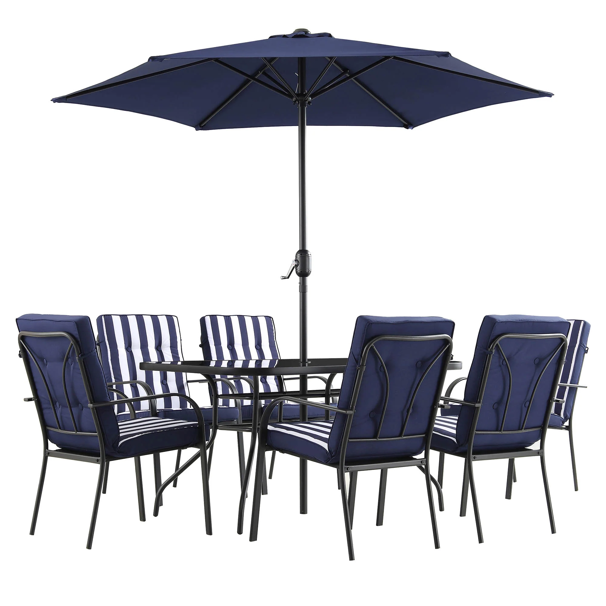 Champneys 6-Seater Steel and Fabric Outdoor Patio Dining Set with Crank Parasol, Blue - Image 5