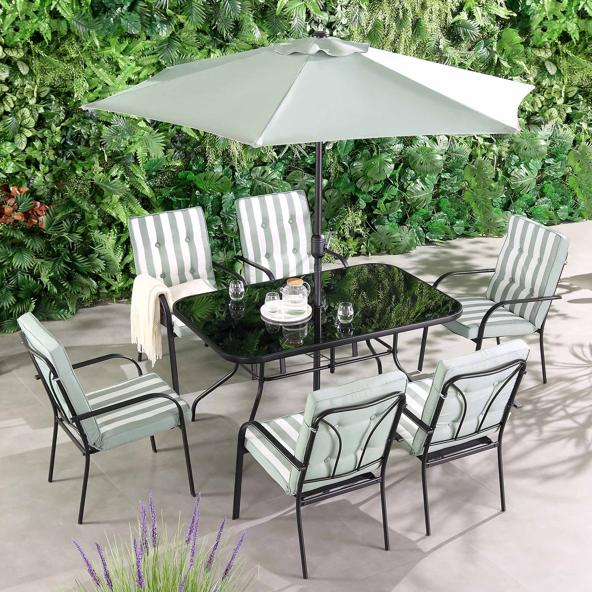 Champneys 6-Seater Steel and Fabric Outdoor Patio Dining Set with Crank Parasol, Sage Green - Image 2