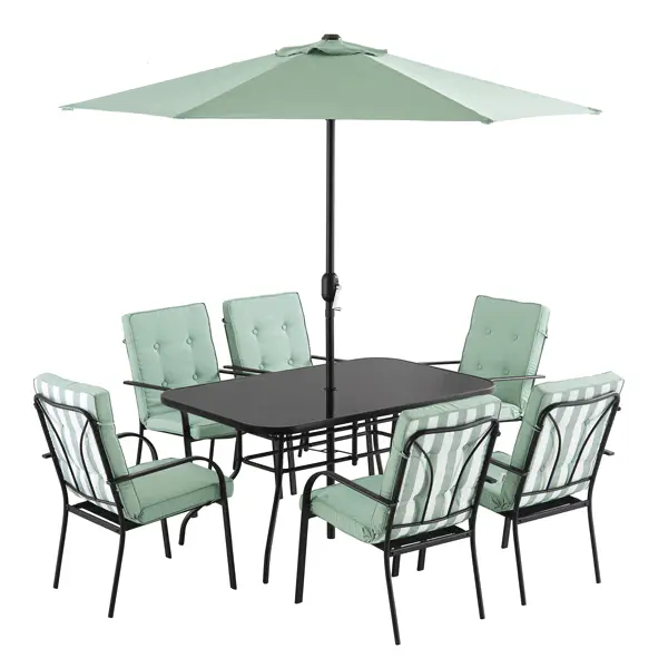 Champneys 6-Seater Steel and Fabric Outdoor Patio Dining Set with Crank Parasol, Sage Green - Image 3