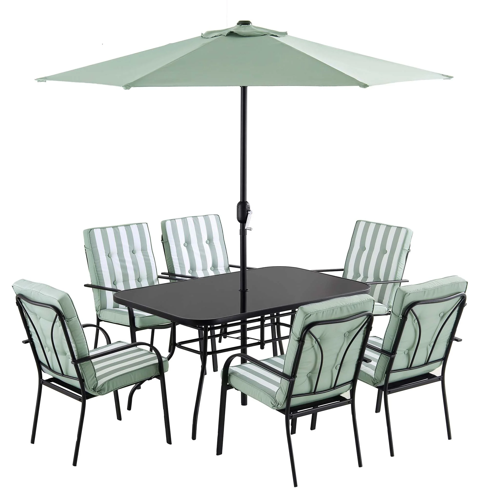 Champneys 6-Seater Steel and Fabric Outdoor Patio Dining Set with Crank Parasol, Sage Green - Image 4