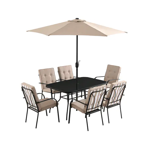 Champneys 6-Seater Steel and Fabric Outdoor Patio Dining Set with Crank Parasol, Taupe - Image 3
