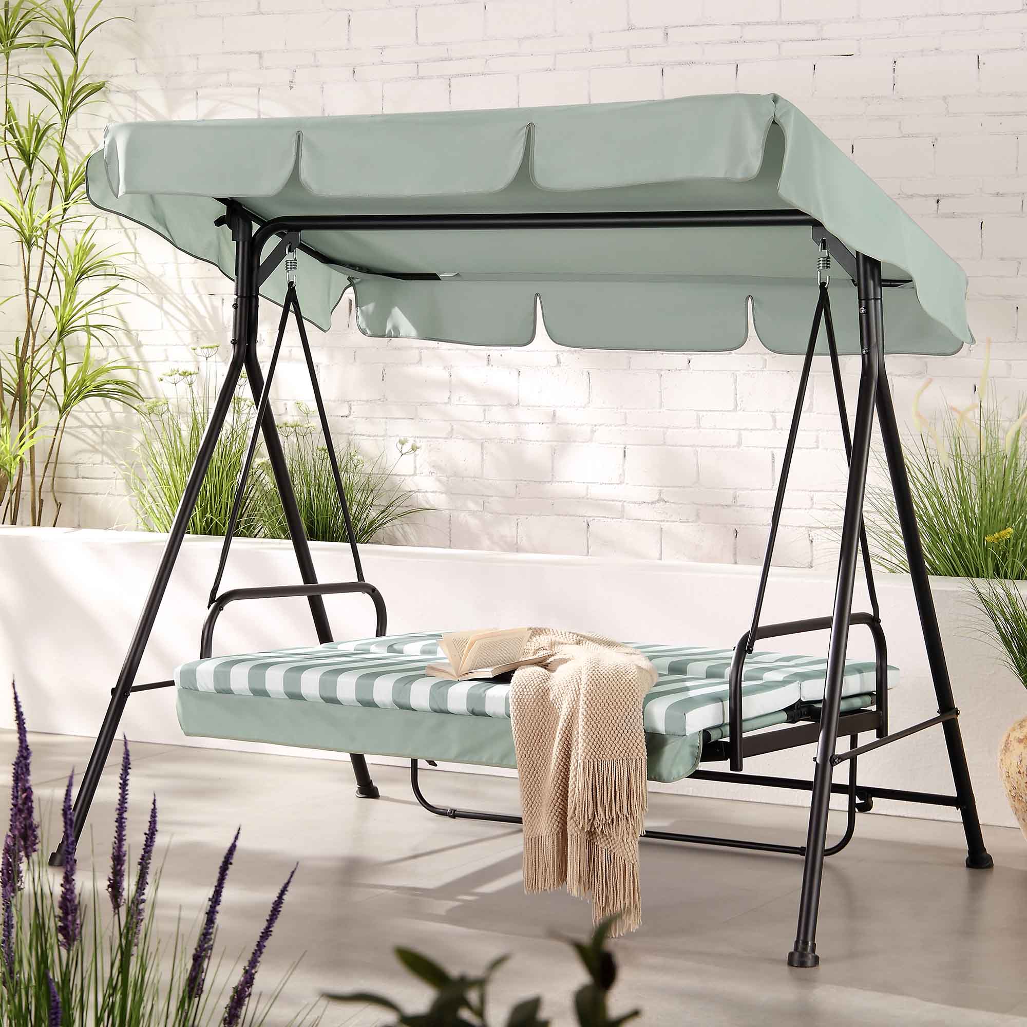 Champneys Outdoor Reclining Swing with Canopy, Sage Green Striped - Image 3