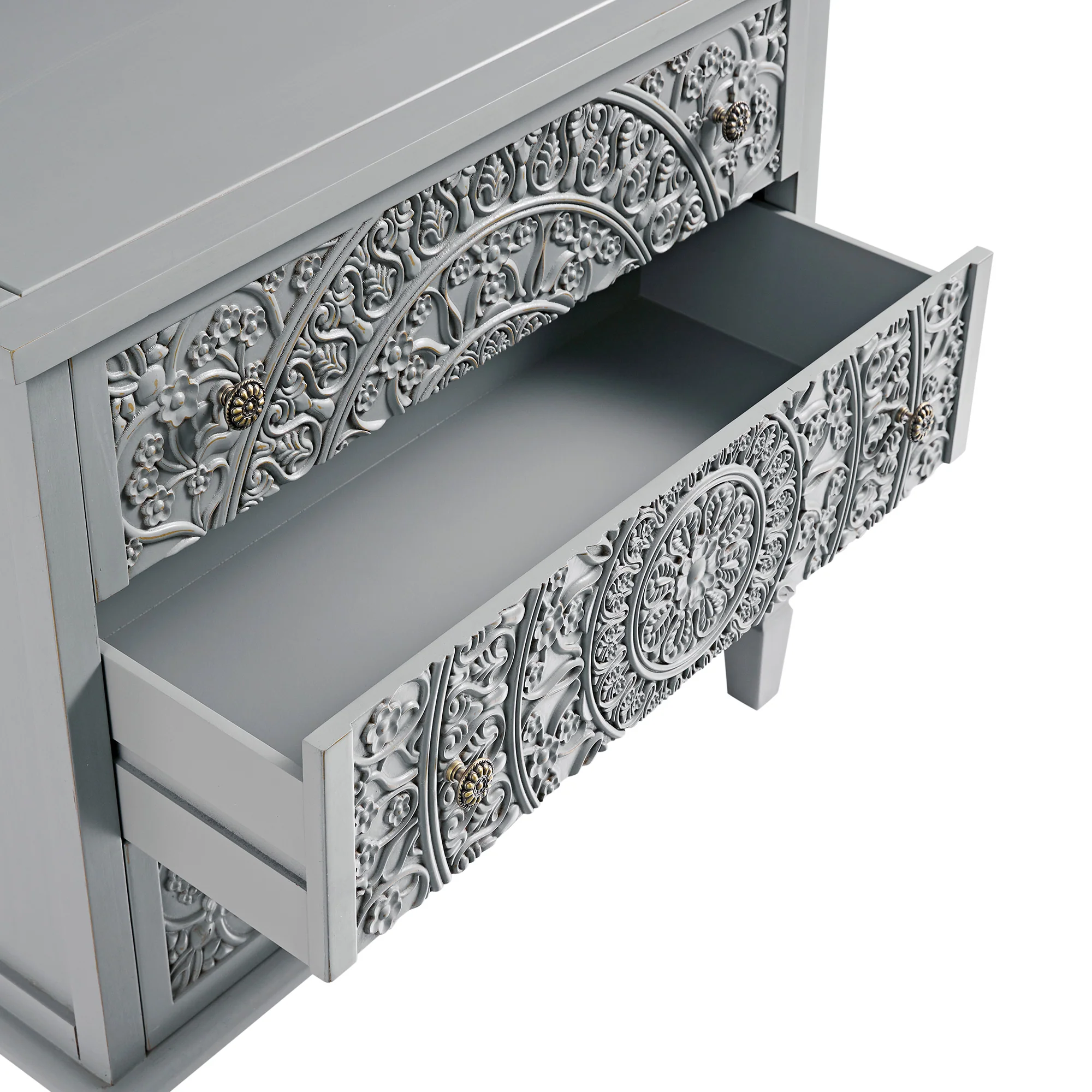 Chantilly Mid Grey Carved 3 Drawer Chest - Image 14