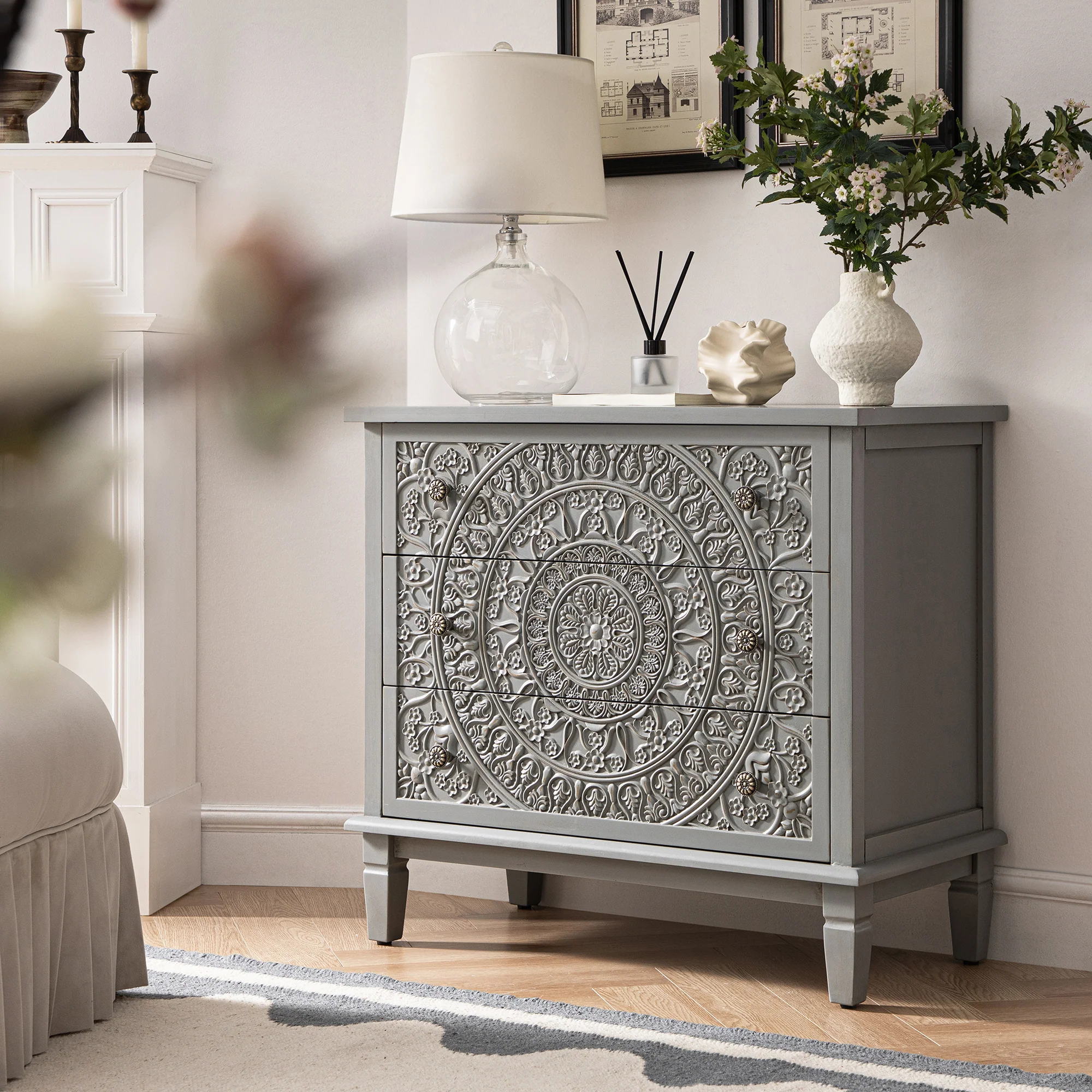 Chantilly Mid Grey Carved 3 Drawer Chest - Image 2