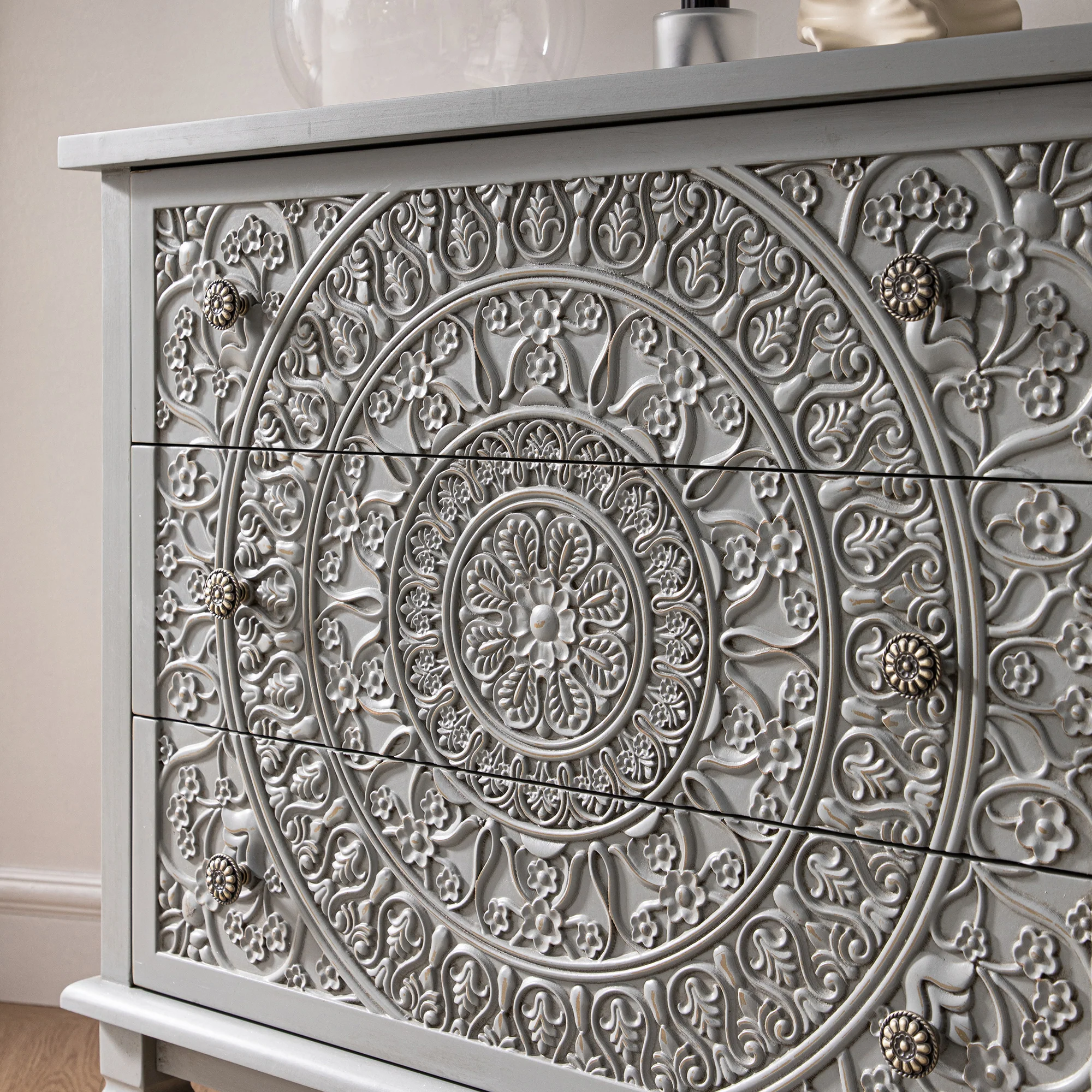 Chantilly Mid Grey Carved 3 Drawer Chest - Image 4