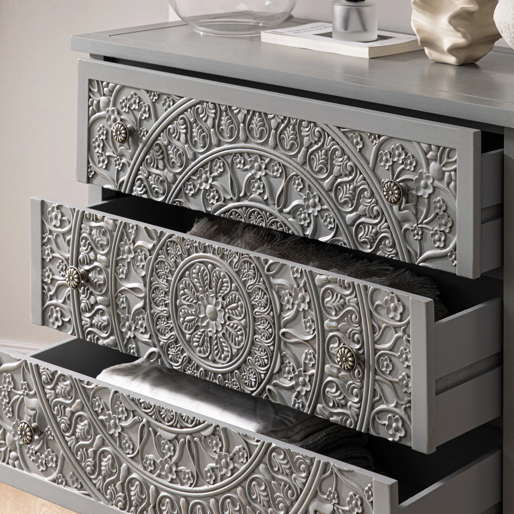 Chantilly Mid Grey Carved 3 Drawer Chest - Image 5