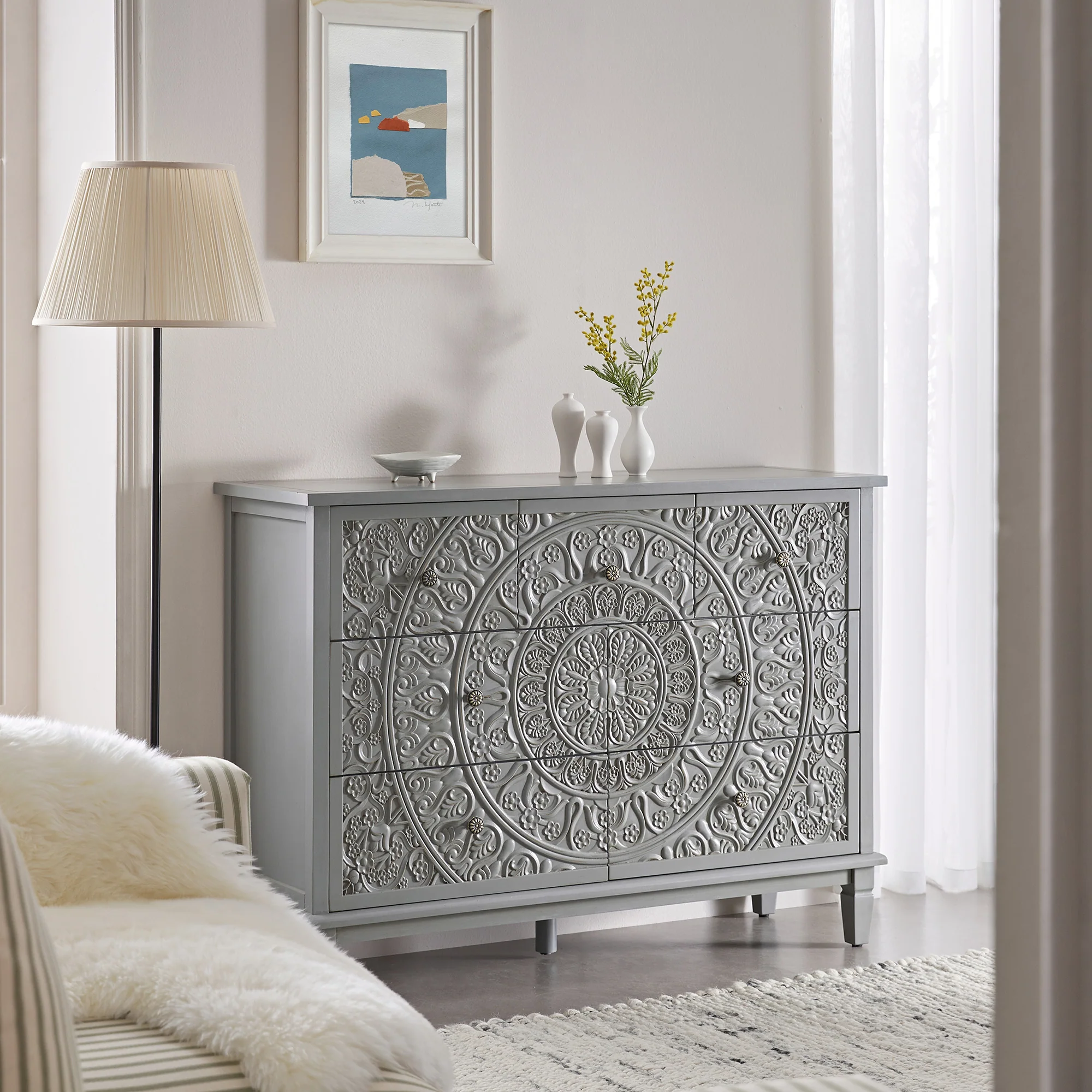 Chantilly Mid Grey Carved 3 over 4 Drawer Chest - Image 2
