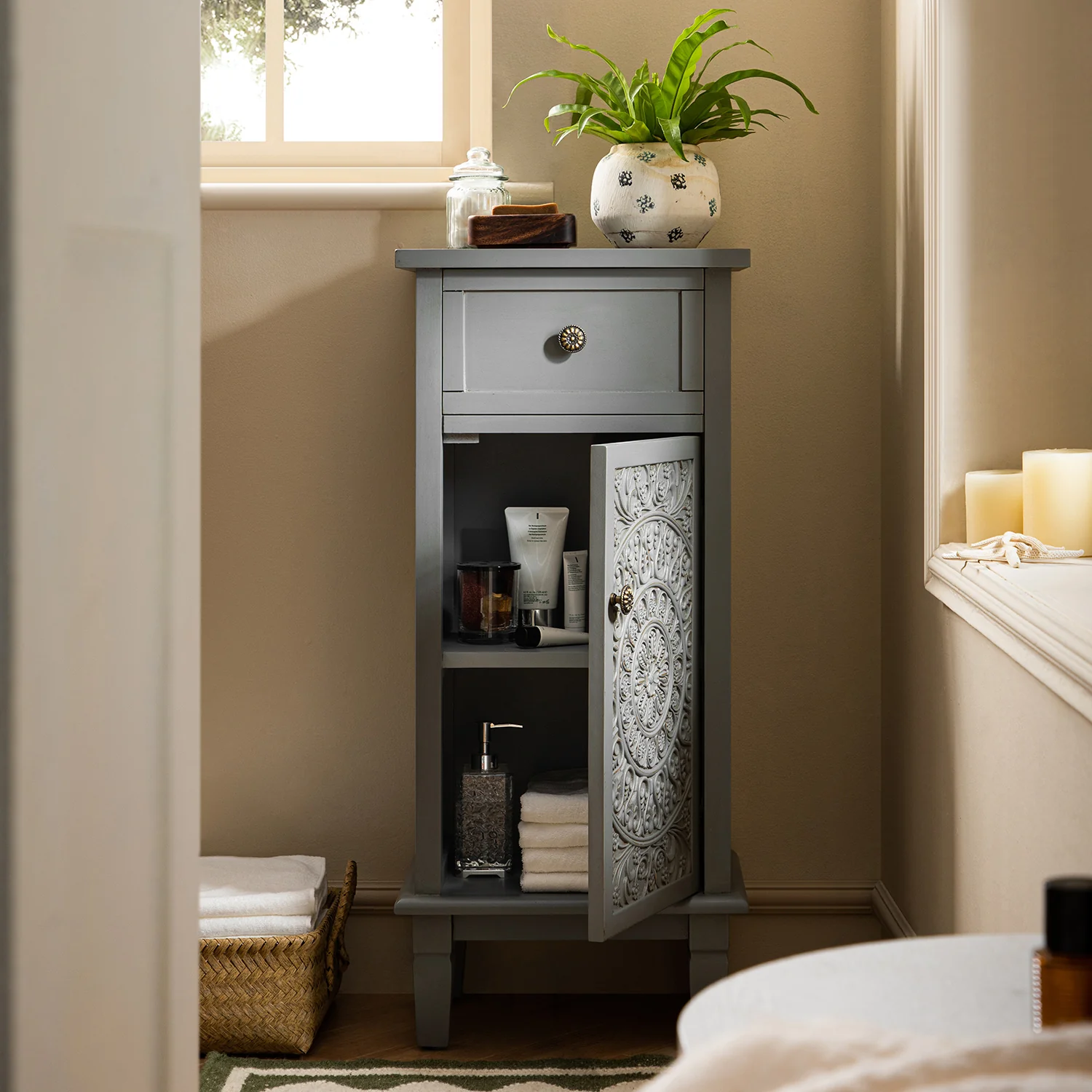 Chantilly Mid Grey Carved Bathroom Cupboard - Image 3