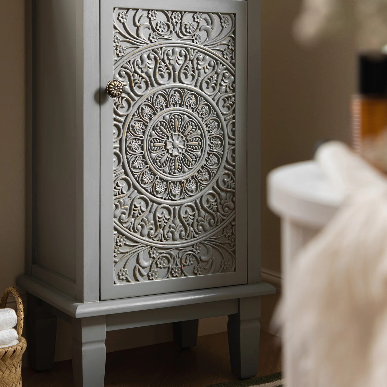 Chantilly Mid Grey Carved Bathroom Cupboard - Image 5