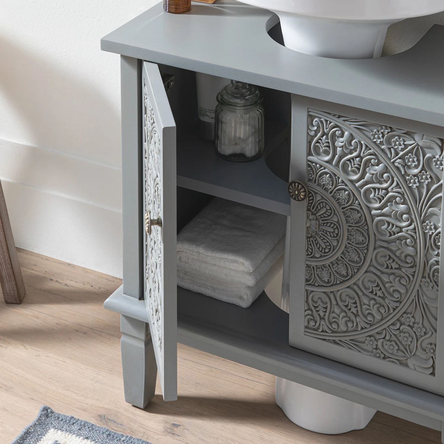 Chantilly Mid Grey Carved Bathroom Undersink Unit - Image 6