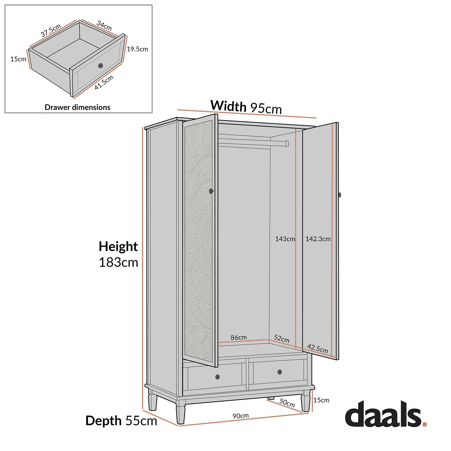 Chantilly Mid Grey Carved Double Wardrobe - Image 9