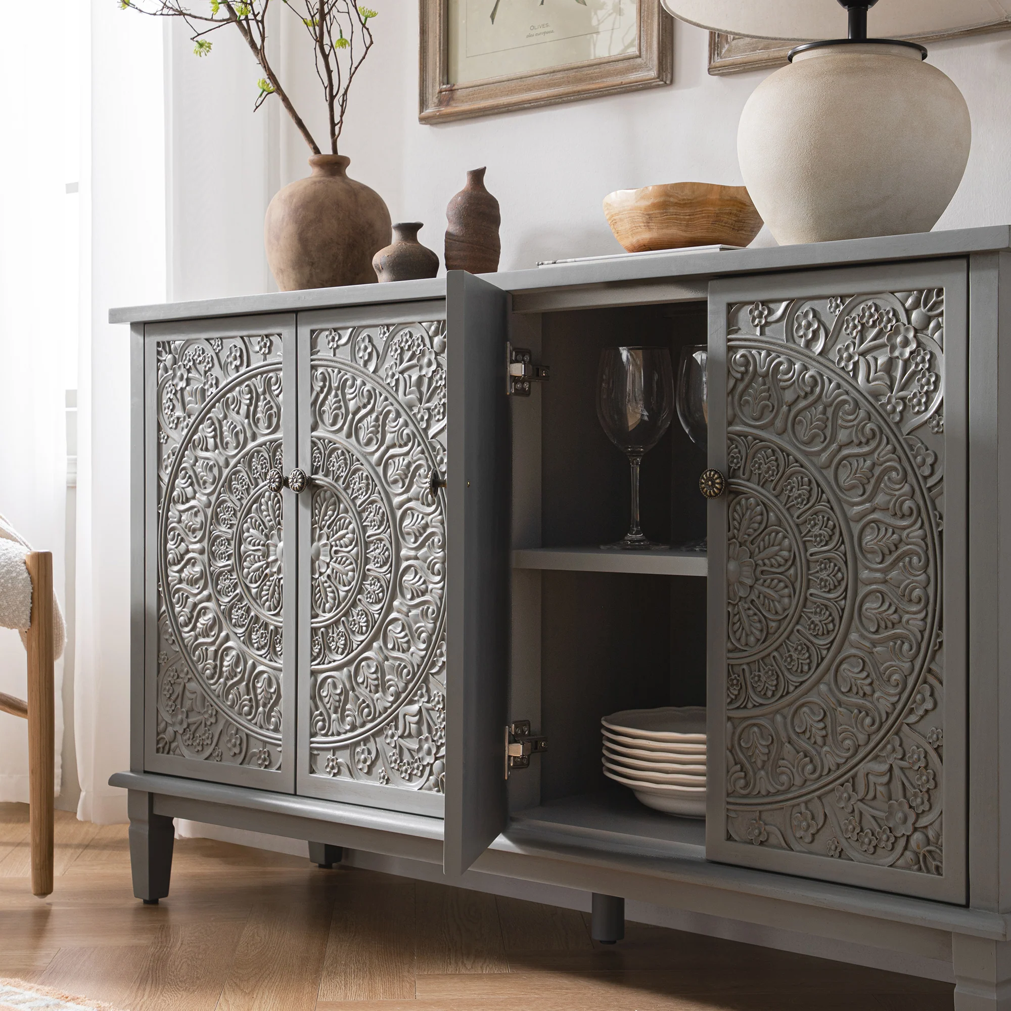 Chantilly Mid Grey Carved Large Sideboard - Image 5
