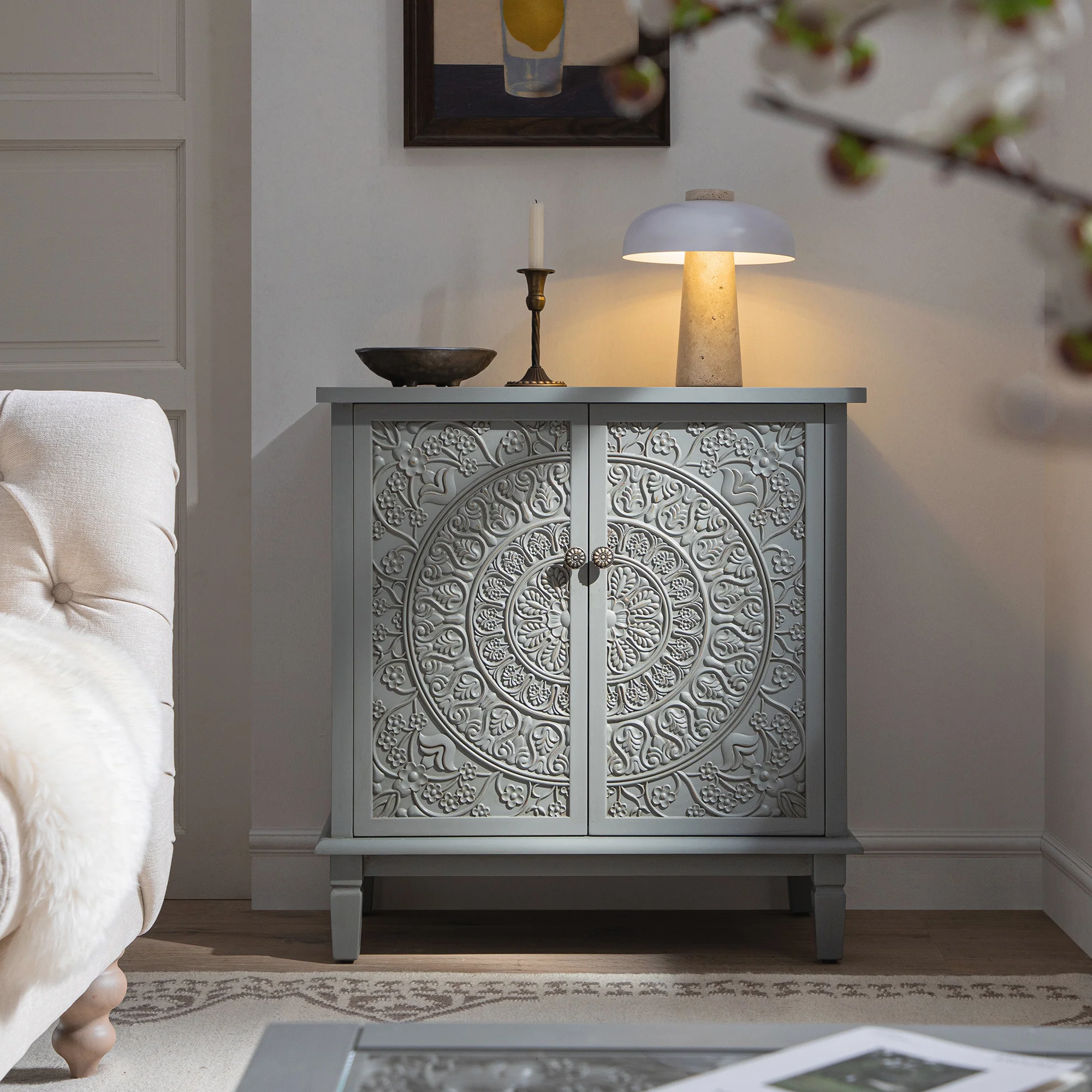 Chantilly Mid Grey Carved Small Sideboard - Image 2