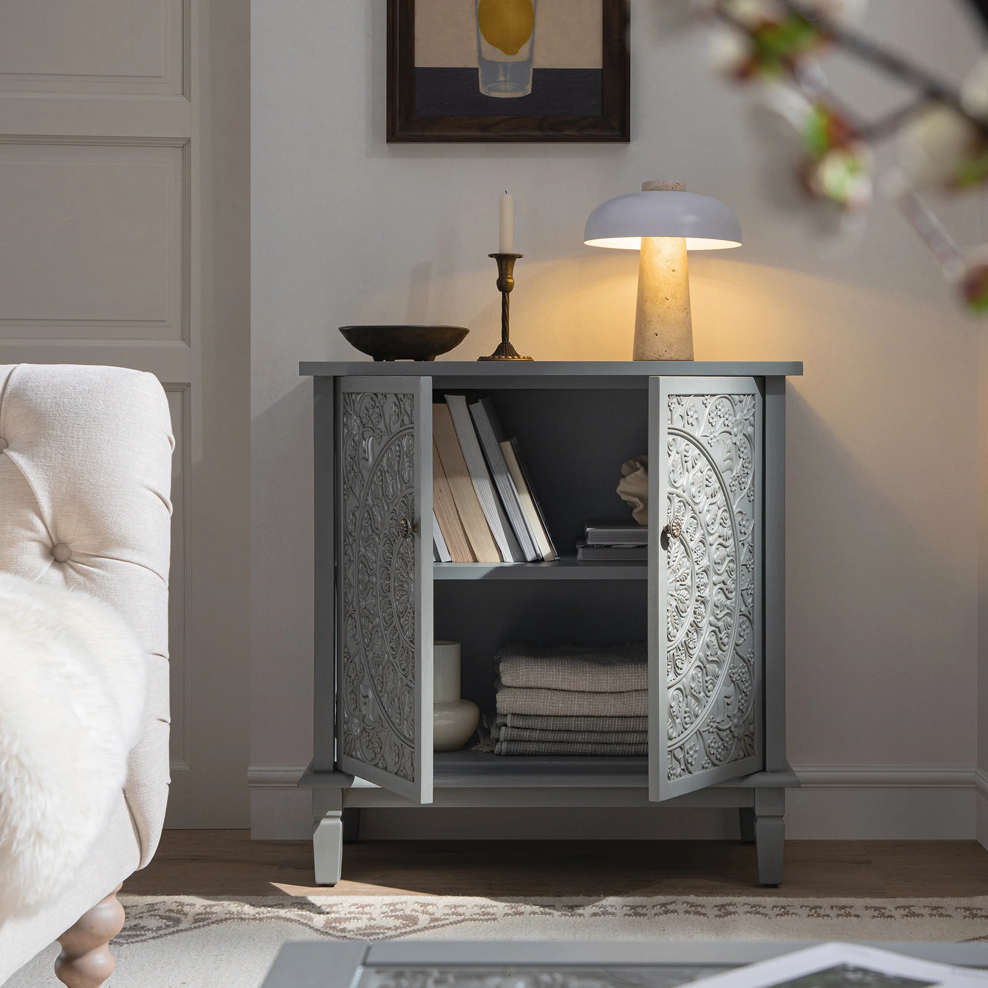 Chantilly Mid Grey Carved Small Sideboard - Image 3