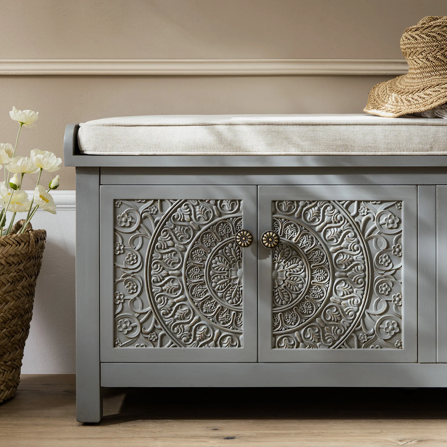 Chantilly Mid Grey Carved Storage Bench - Image 4