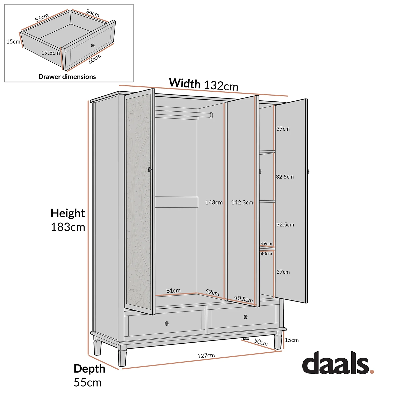 Chantilly Whitewashed Carved Triple Wardrobe - Image 9