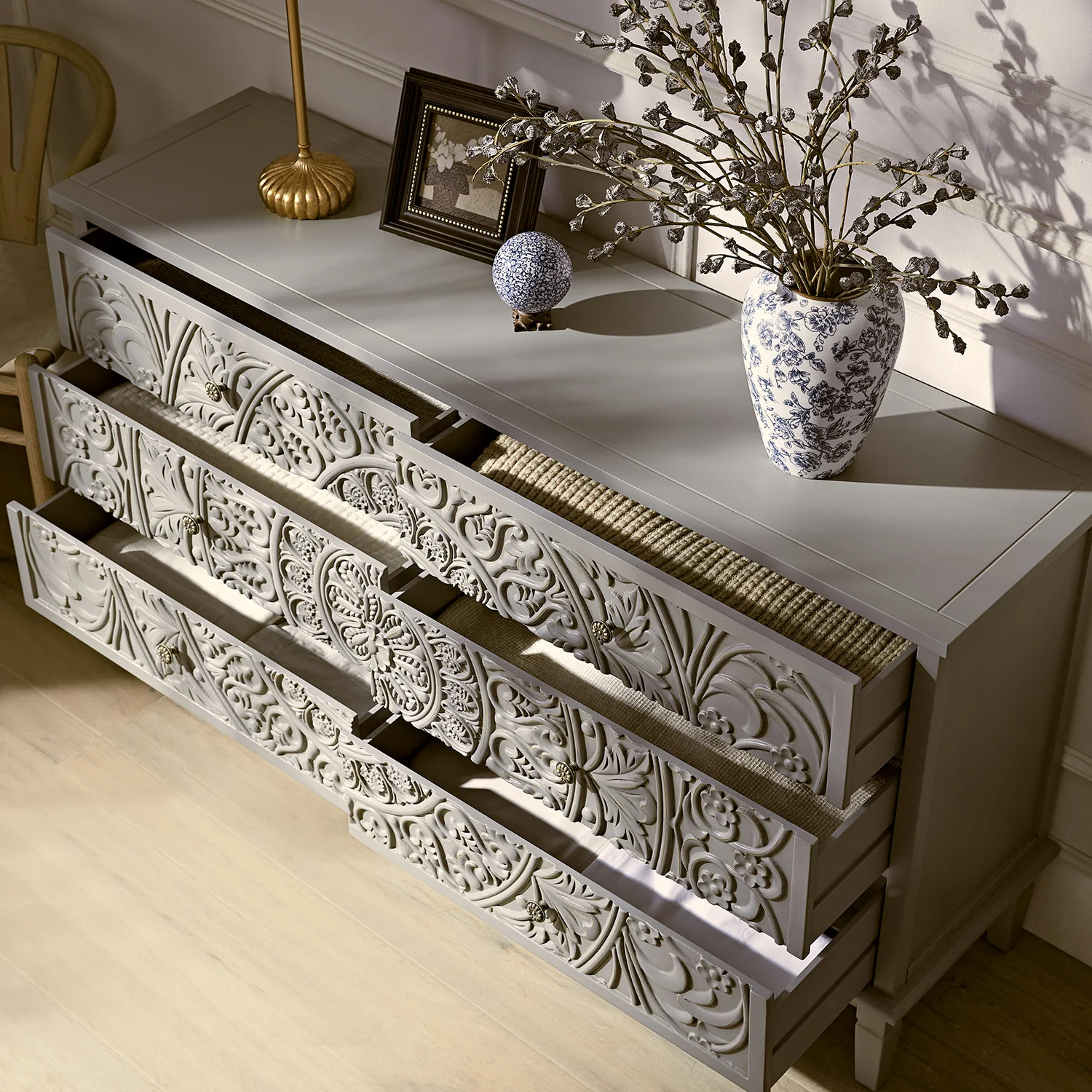 Chantilly Mid Grey Carved Wide 6 Drawer Chest - Image 3