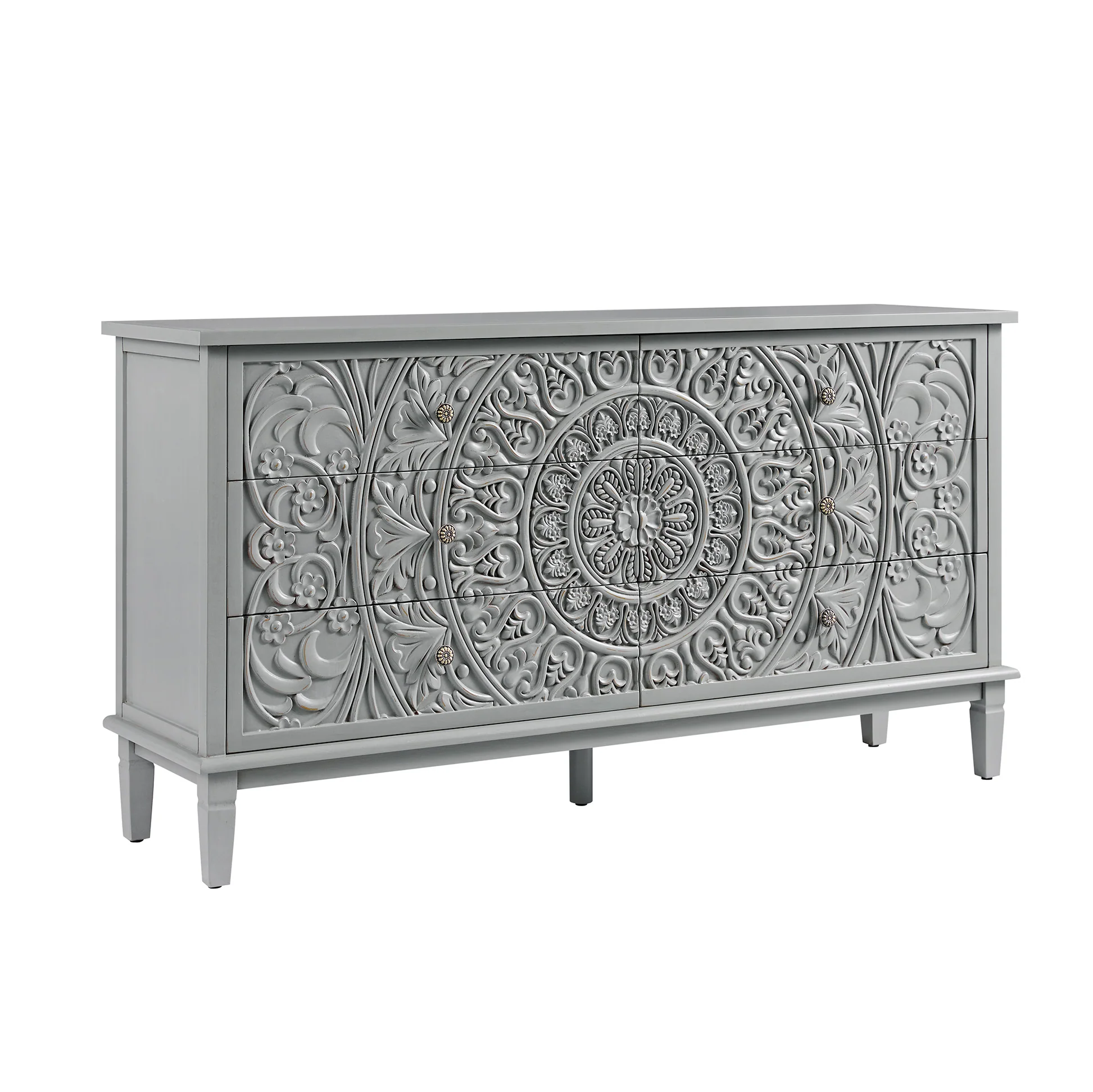 Chantilly Mid Grey Carved Wide 6 Drawer Chest - Image 7