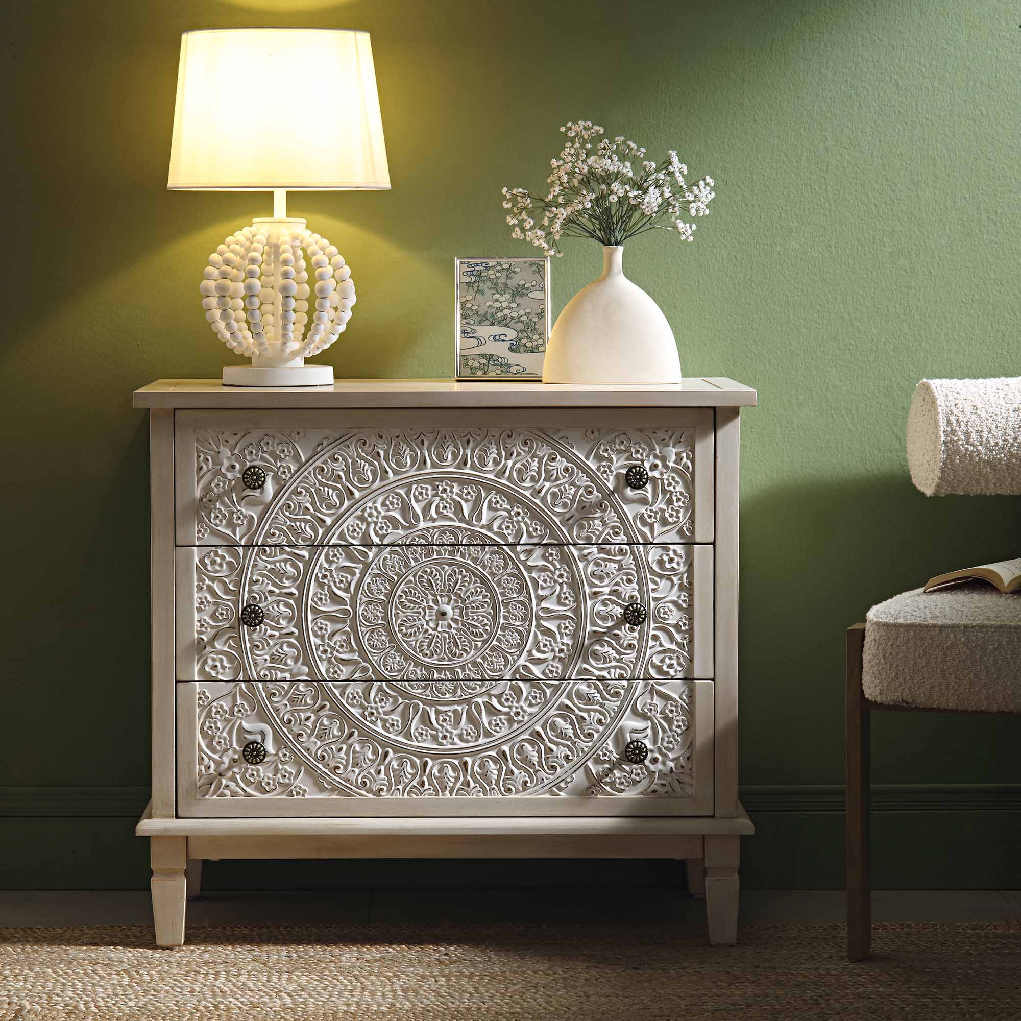 Chantilly Whitewashed Carved 3 Drawer Chest - Image 2