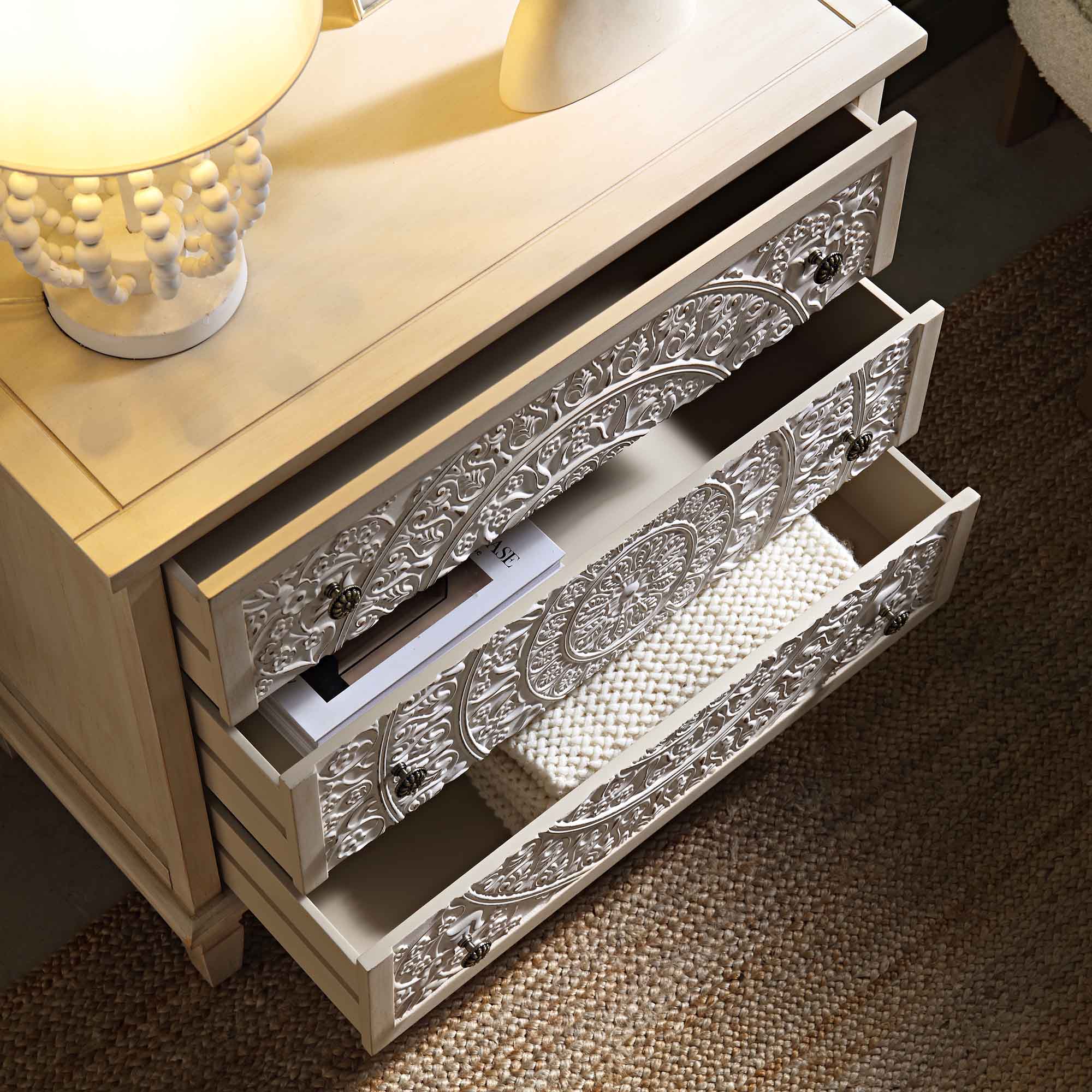 Chantilly Whitewashed Carved 3 Drawer Chest - Image 3