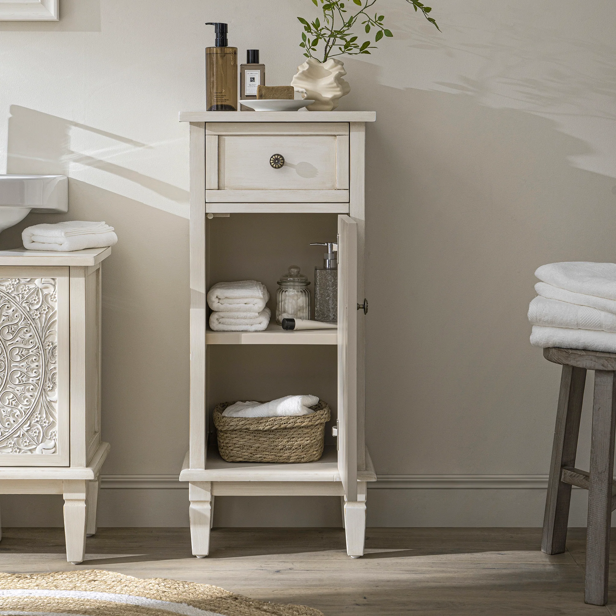 Chantilly Whitewashed Carved Bathroom Cupboard - Image 3