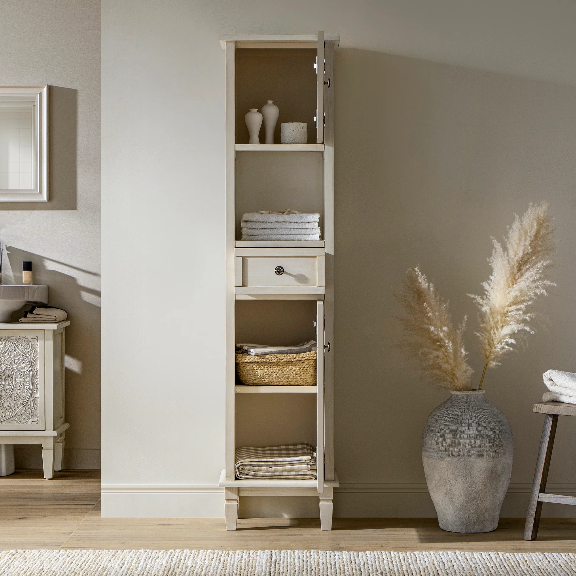 Chantilly Whitewashed Carved Bathroom Tallboy Cabinet - Image 3