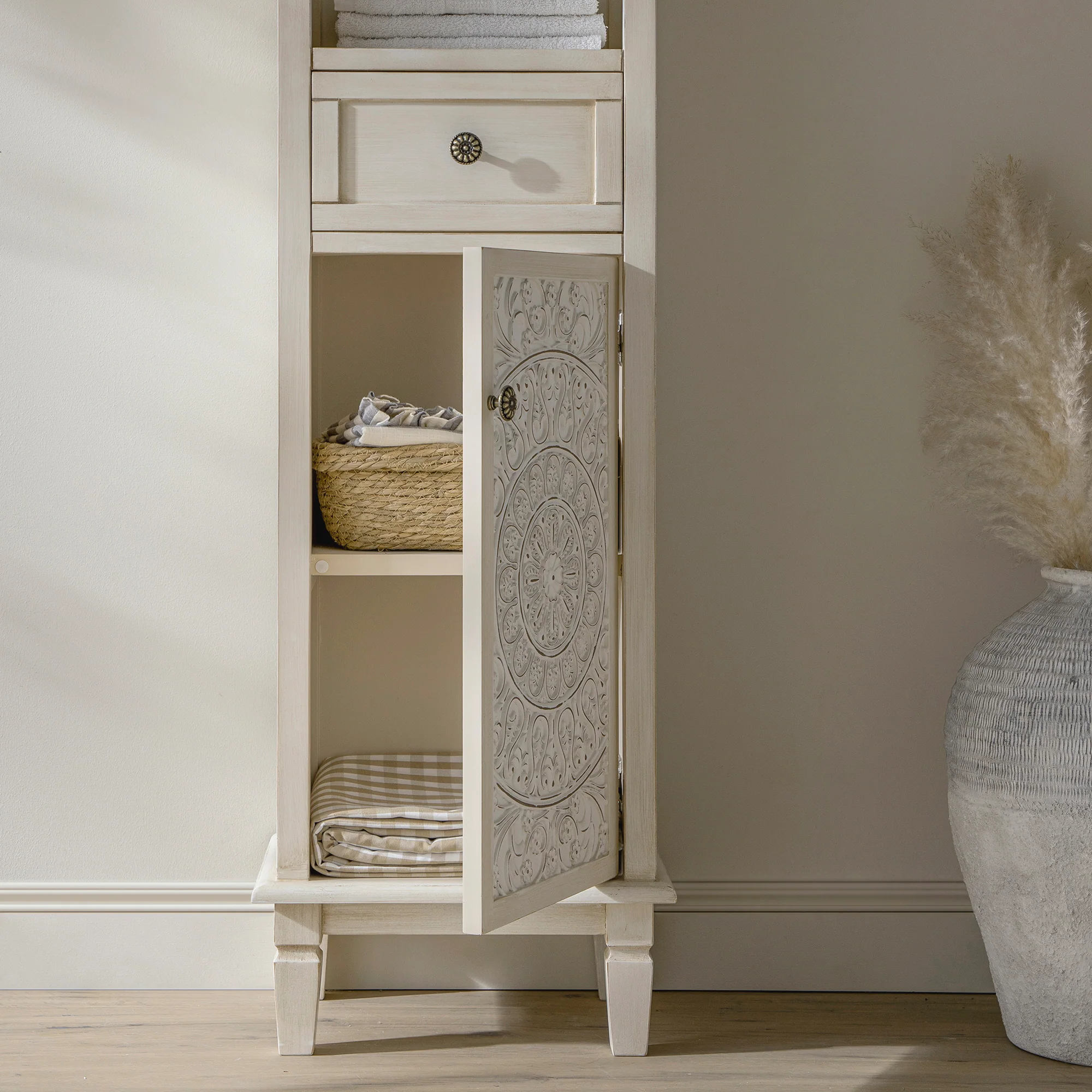 Chantilly Whitewashed Carved Bathroom Tallboy Cabinet - Image 5