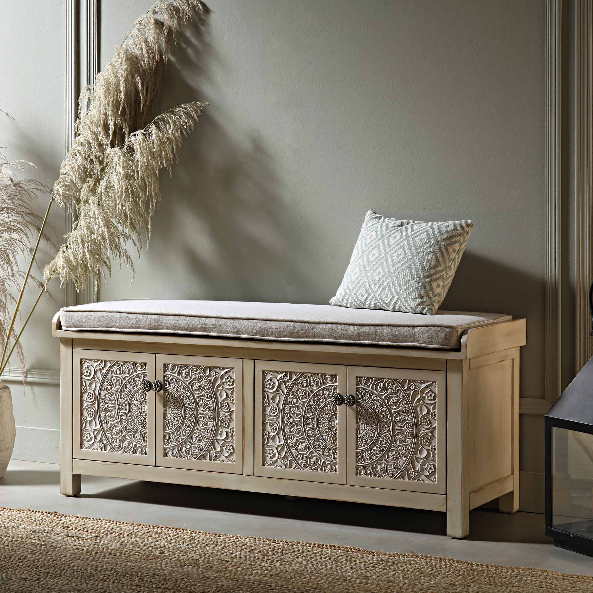 Chantilly Whitewashed Carved Storage Bench - Image 2