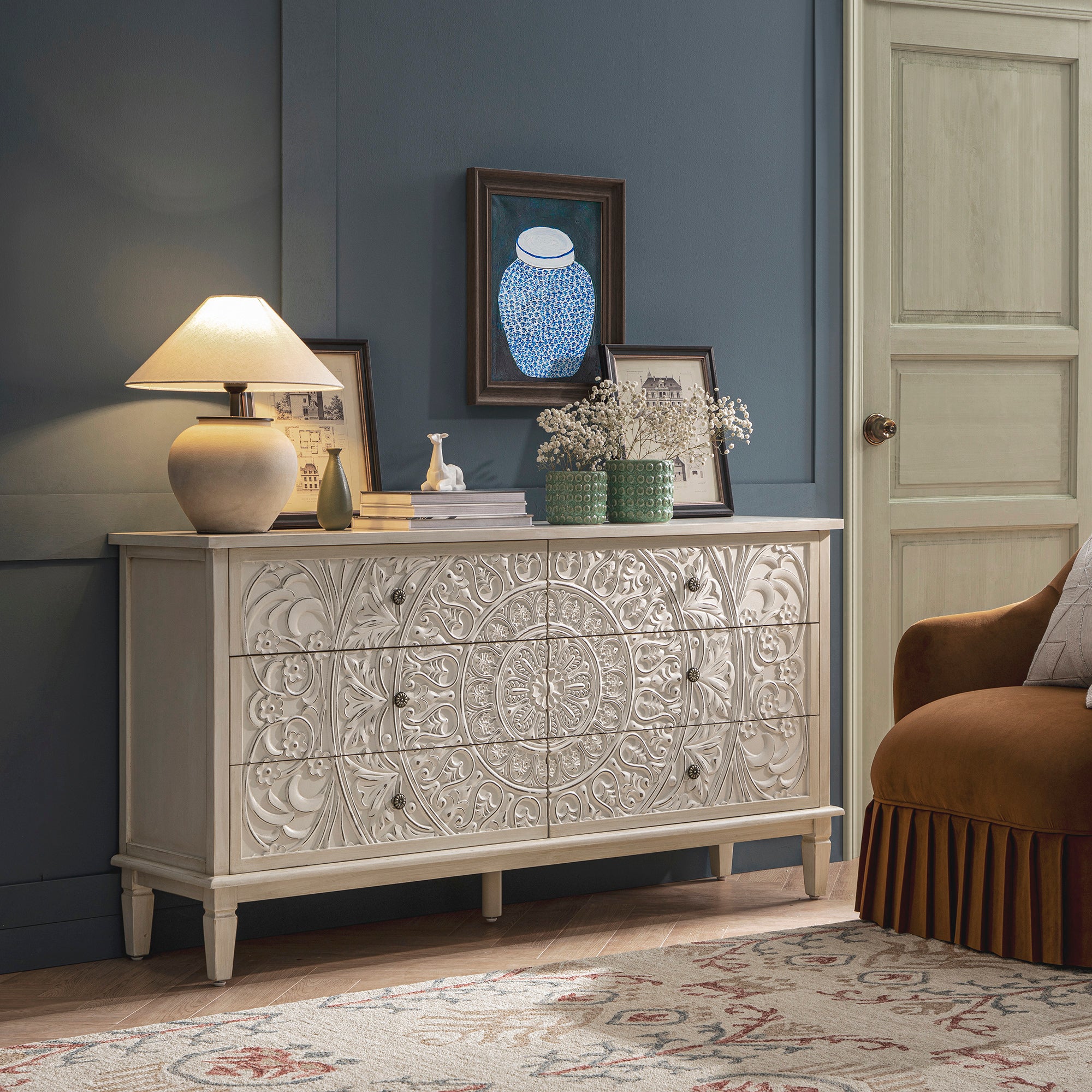 Chantilly Whitewashed Carved Wide 6 Drawer Chest - Image 2