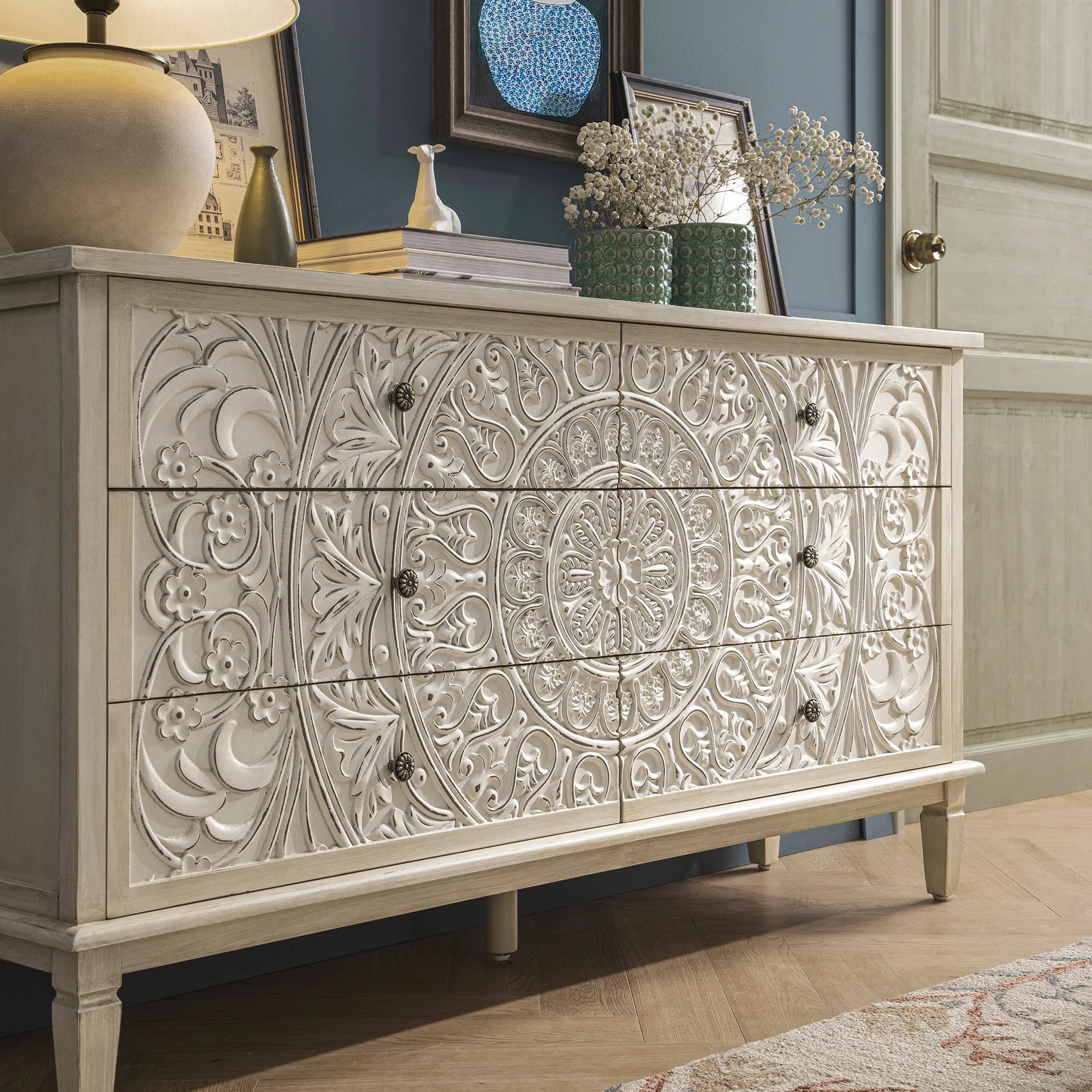 Chantilly Whitewashed Carved Wide 6 Drawer Chest - Image 4