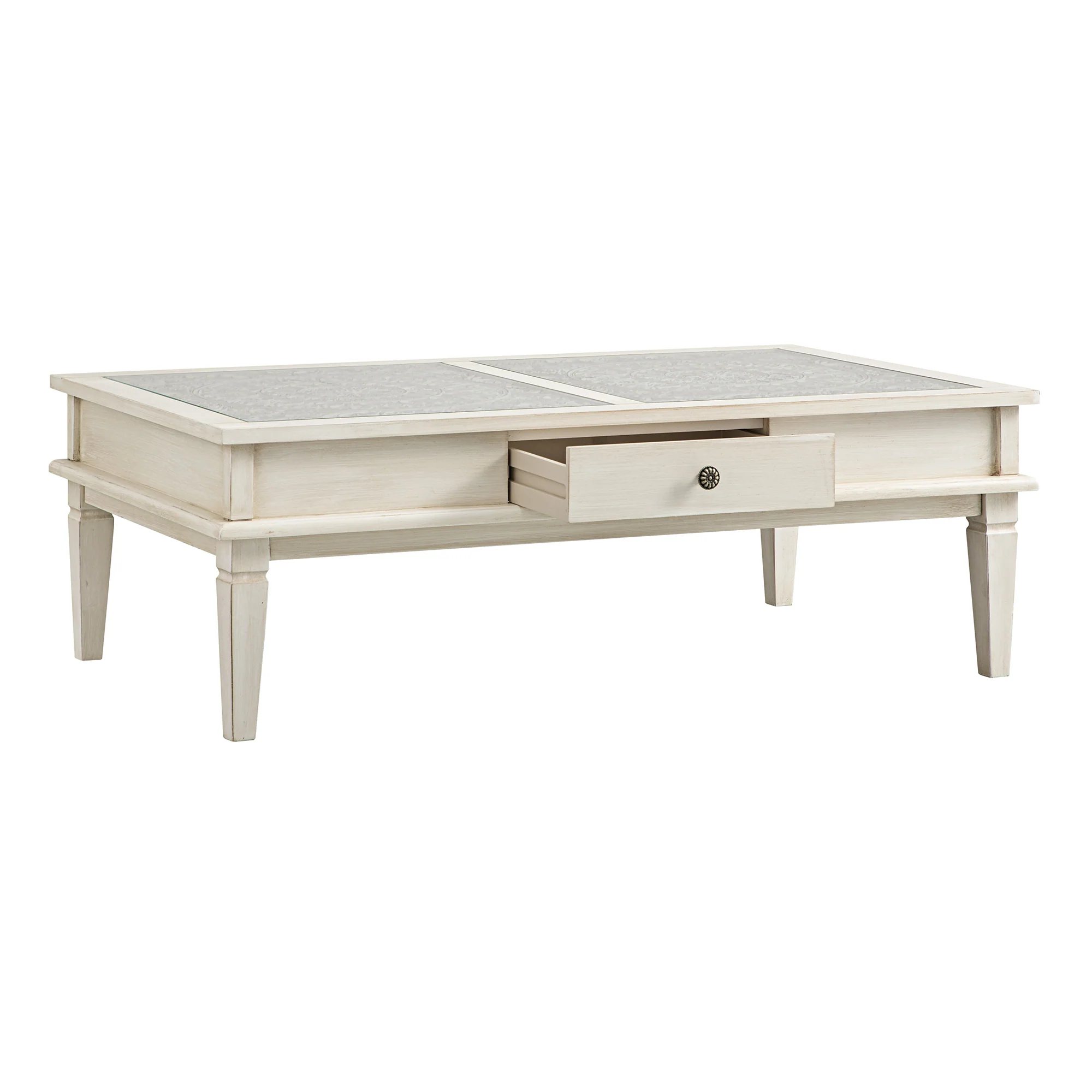 Chantilly Whitewashed Coffee Table with Drawers - Image 10