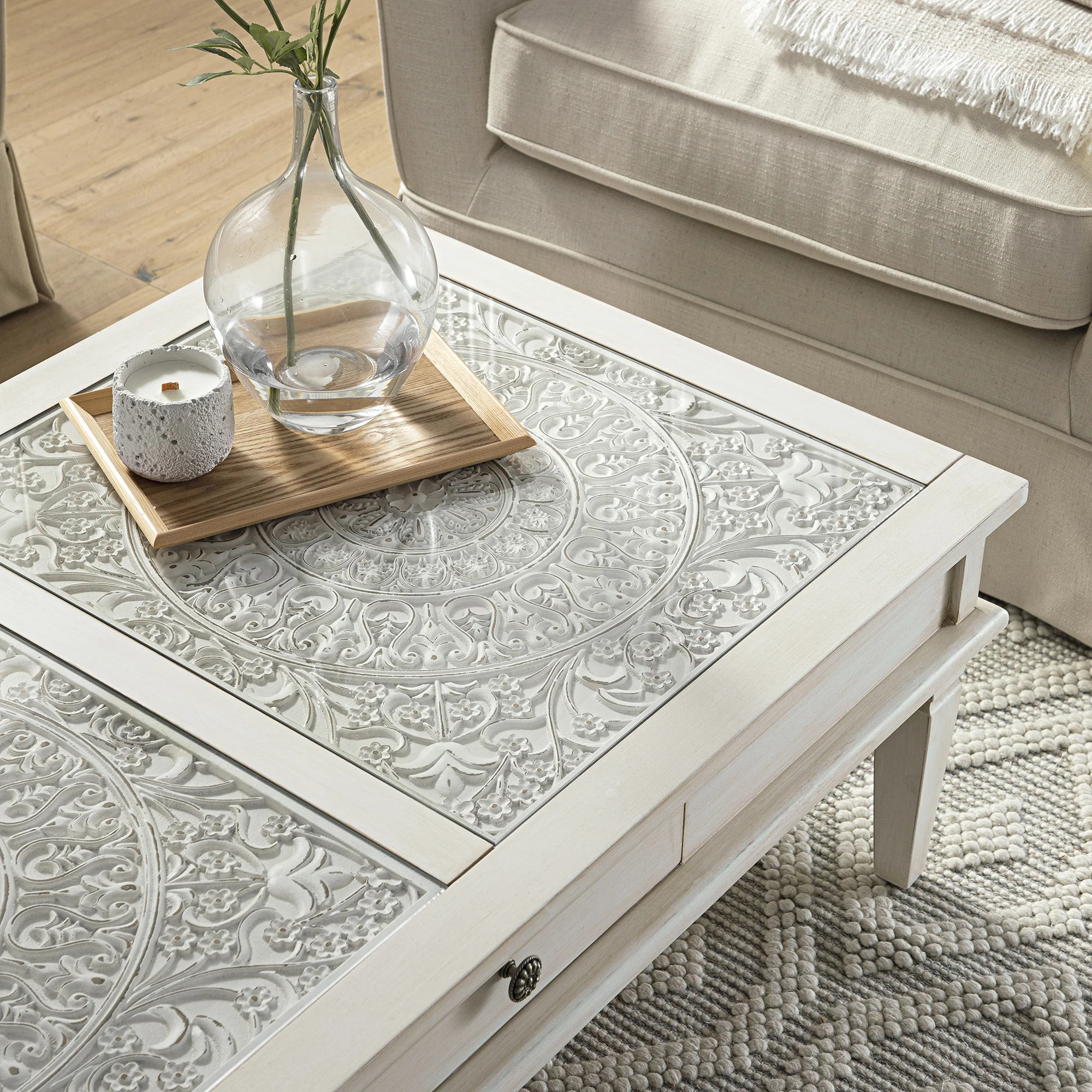 Chantilly Whitewashed Coffee Table with Drawers - Image 5