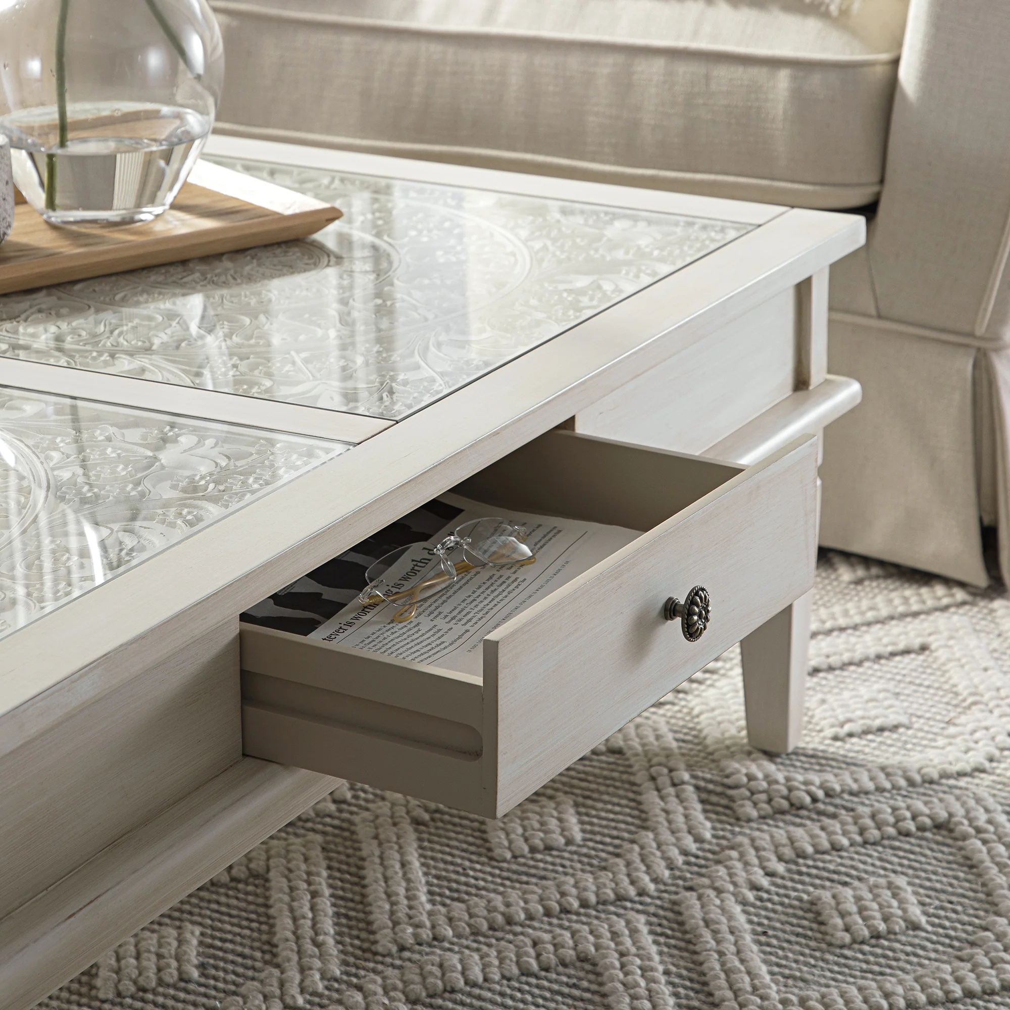 Chantilly Whitewashed Coffee Table with Drawers - Image 6