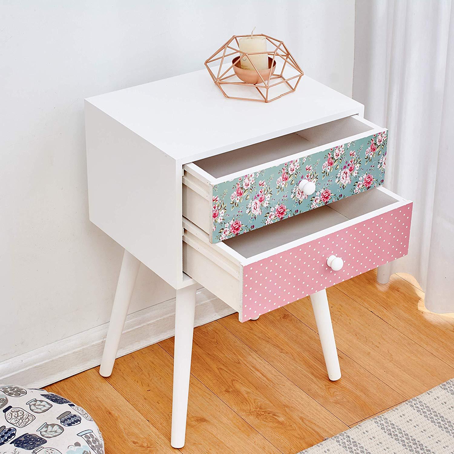 Cherry Tree Furniture CANTERBURY Wooden 2-Drawer Bedside Table Nightstand, Rose & Polka Dot Pattern - Image 3